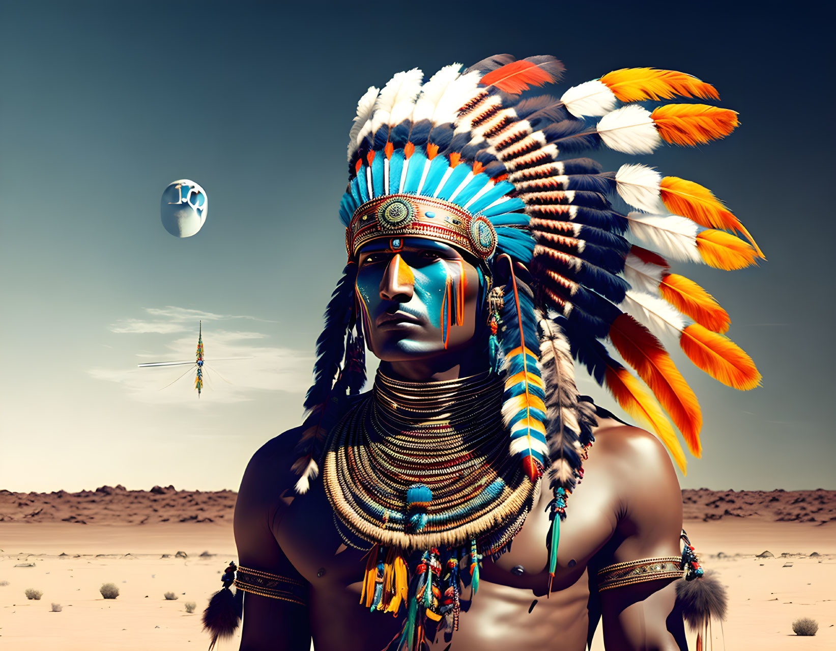 Native American chief with feather headdress in desert landscape.