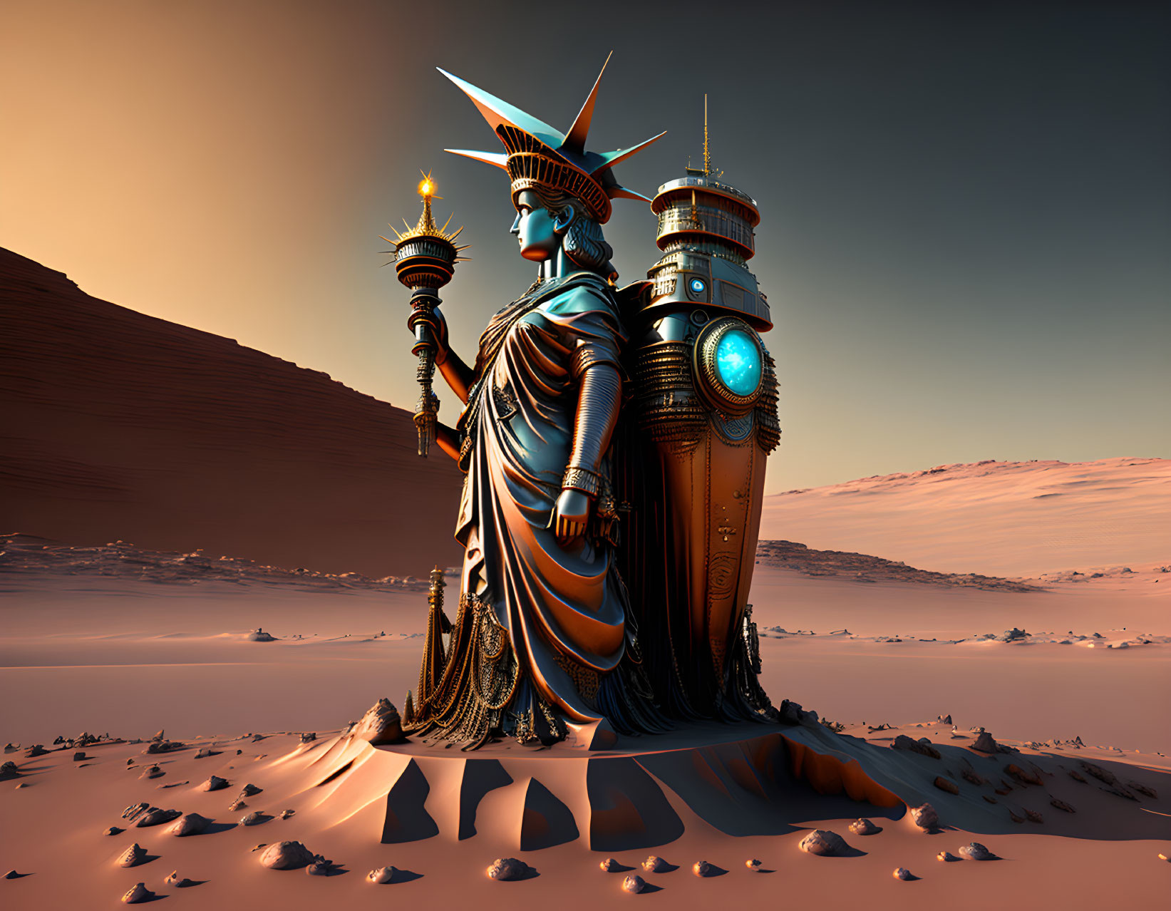 Colossal robot Statue of Liberty in desert landscape