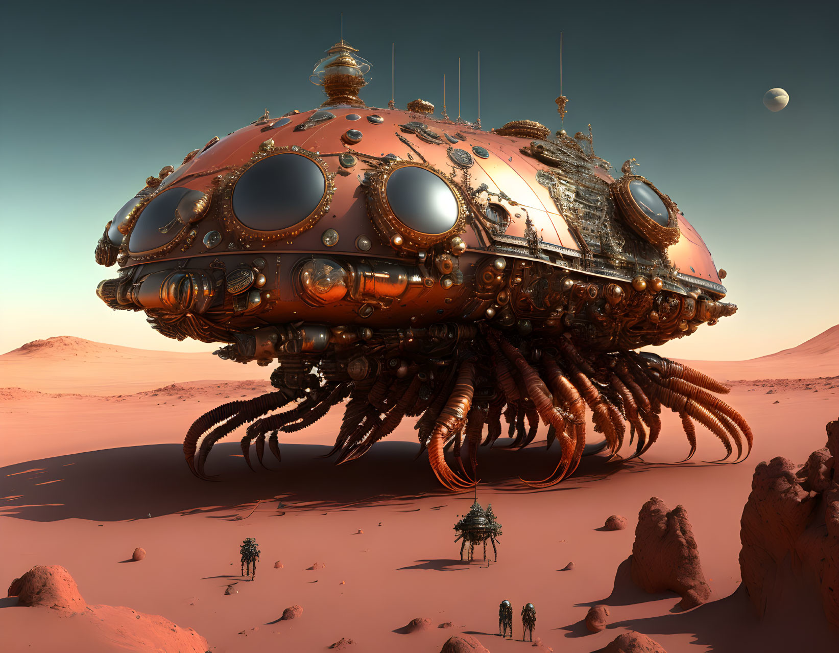 Futuristic octopus-like spaceship landing on Mars-like planet