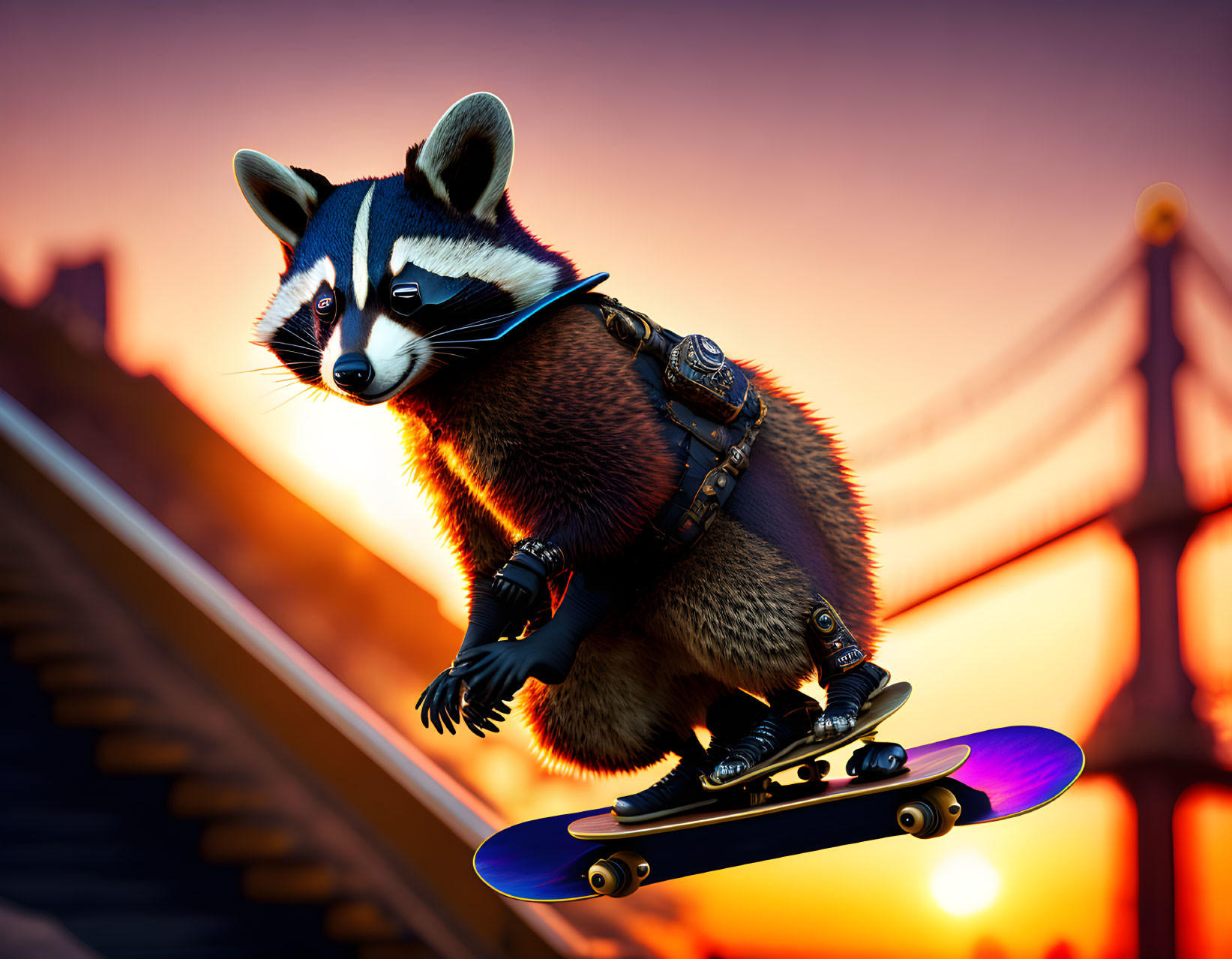 Stylized raccoon skateboarding at sunset with bridge silhouette