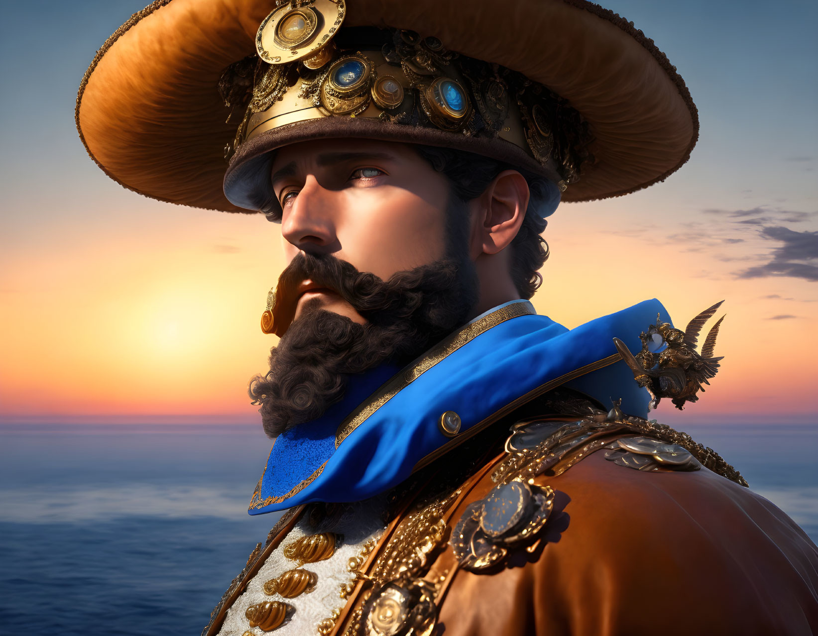 Regal man with stylized beard in ornate uniform against sunset sea.