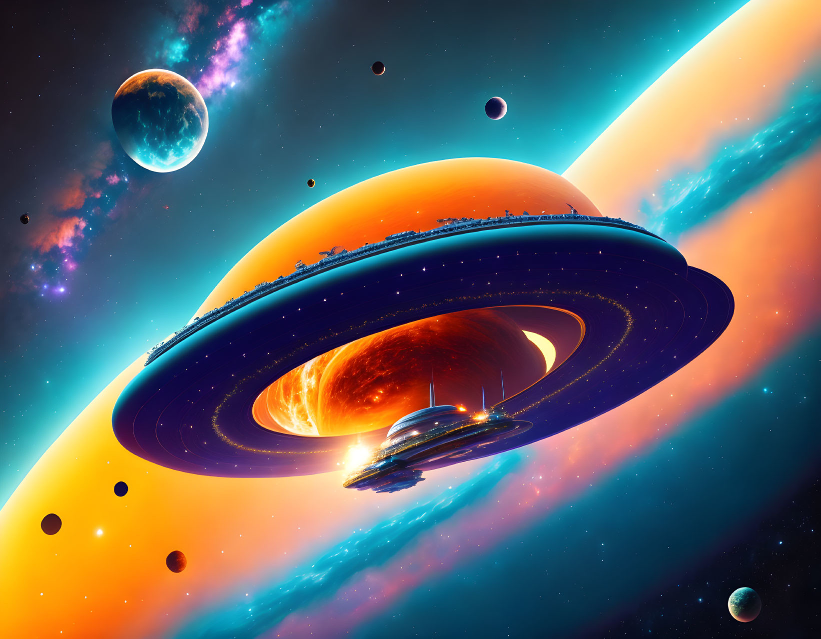 Colorful Digital Artwork of Gas Giant Planet, Moons, and Spacecraft