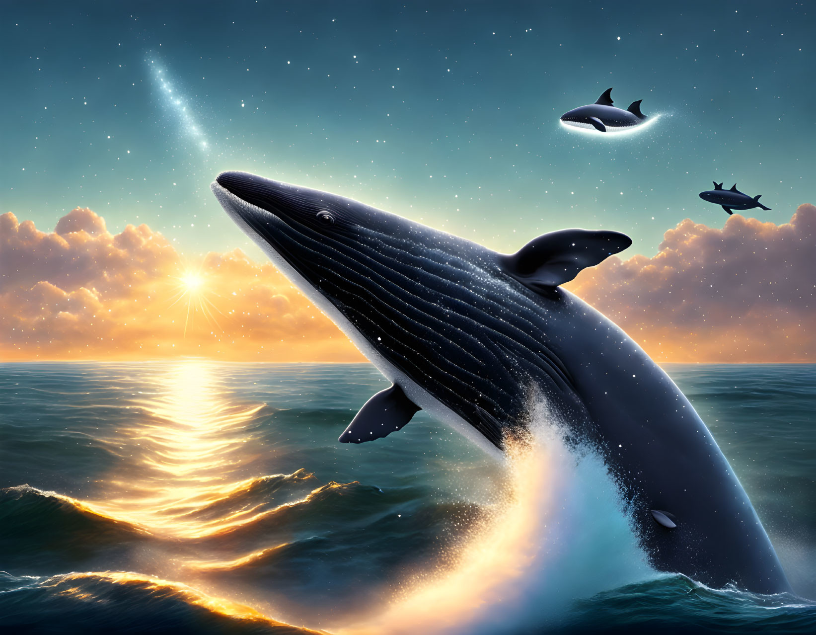 Humpback Whales Breaching at Sunset with Starry Night Sky