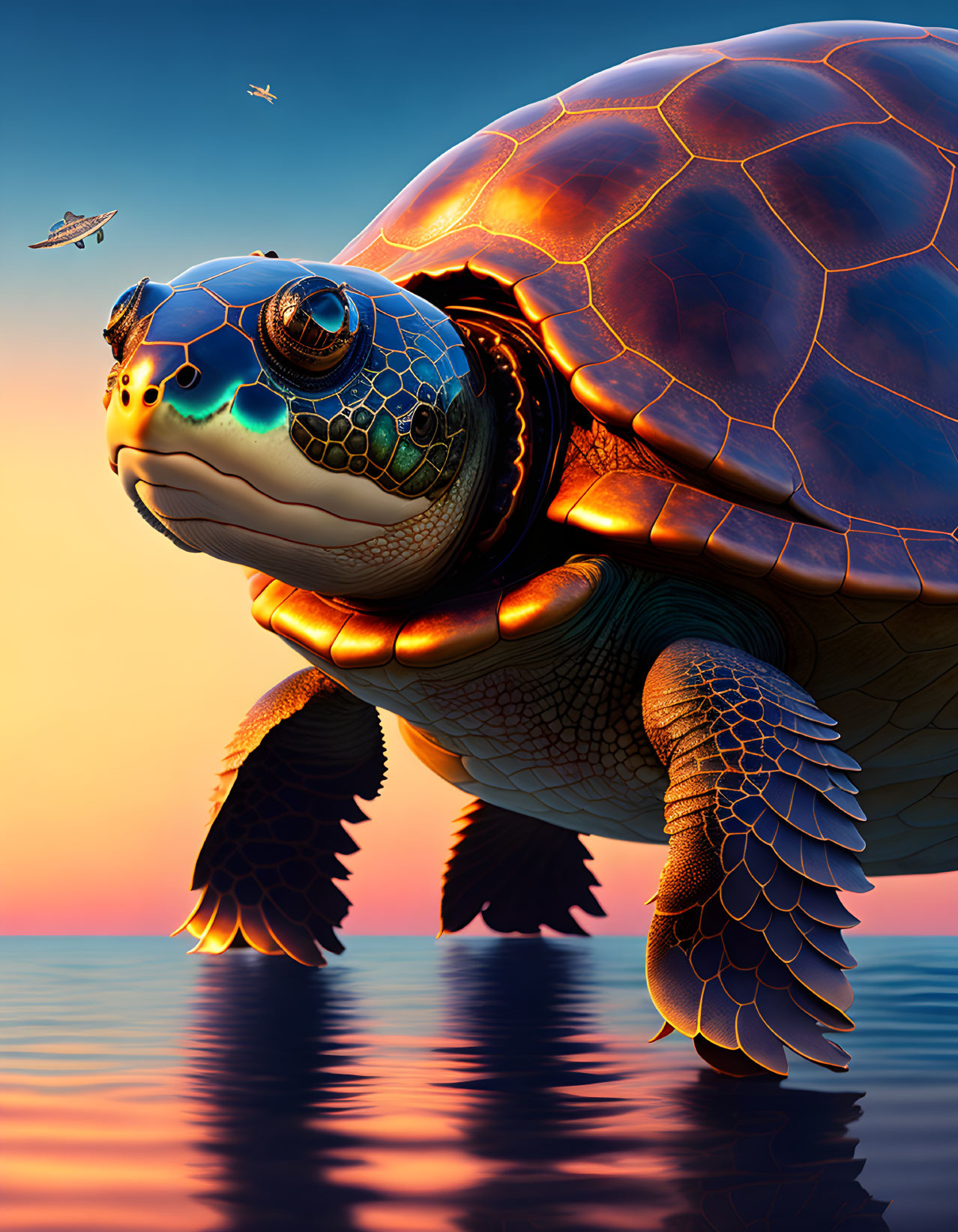 Digital artwork of reflective turtle against sunset background