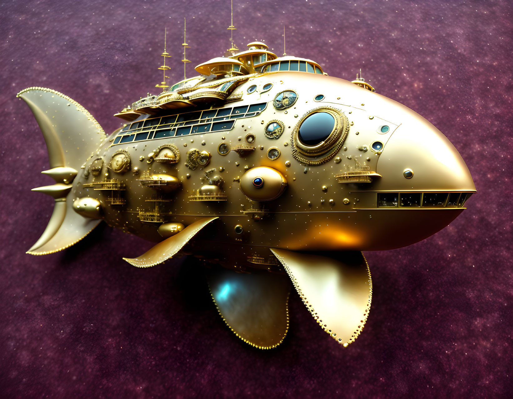 Steampunk-style fish-themed submarine with metallic details on purple background