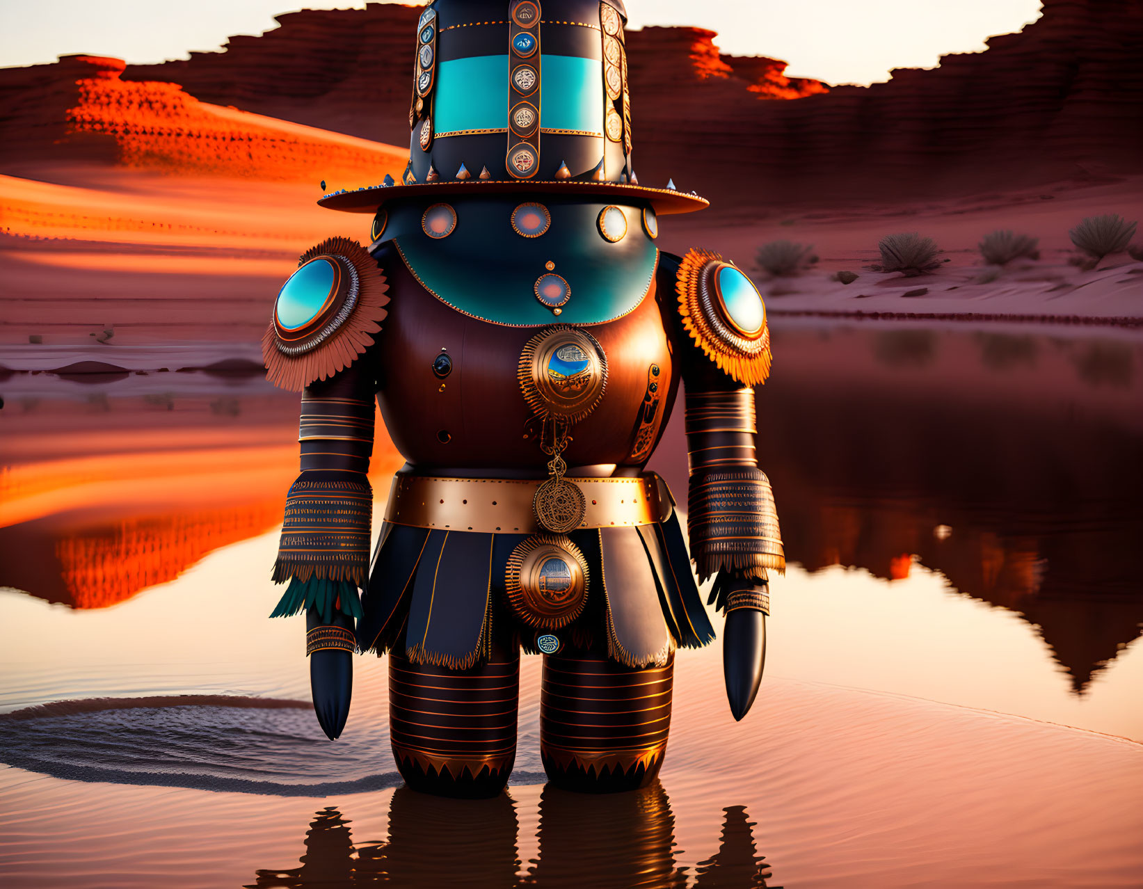 Steampunk robot with top hat and metalwork by reflective desert water at sunset