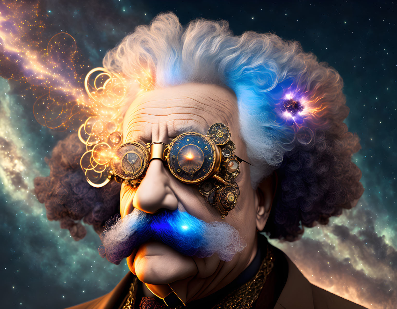 Elder gentleman with steampunk goggles in cosmic setting