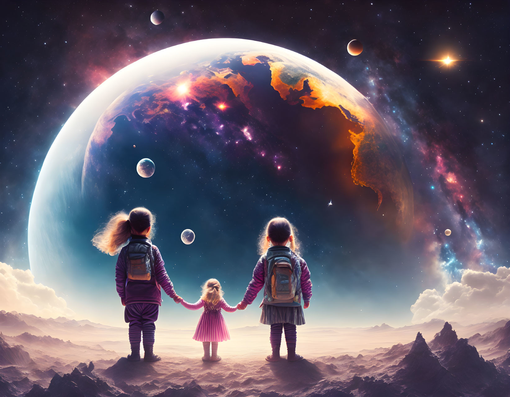 Children holding hands on rocky terrain under cosmic sky with colorful planet.