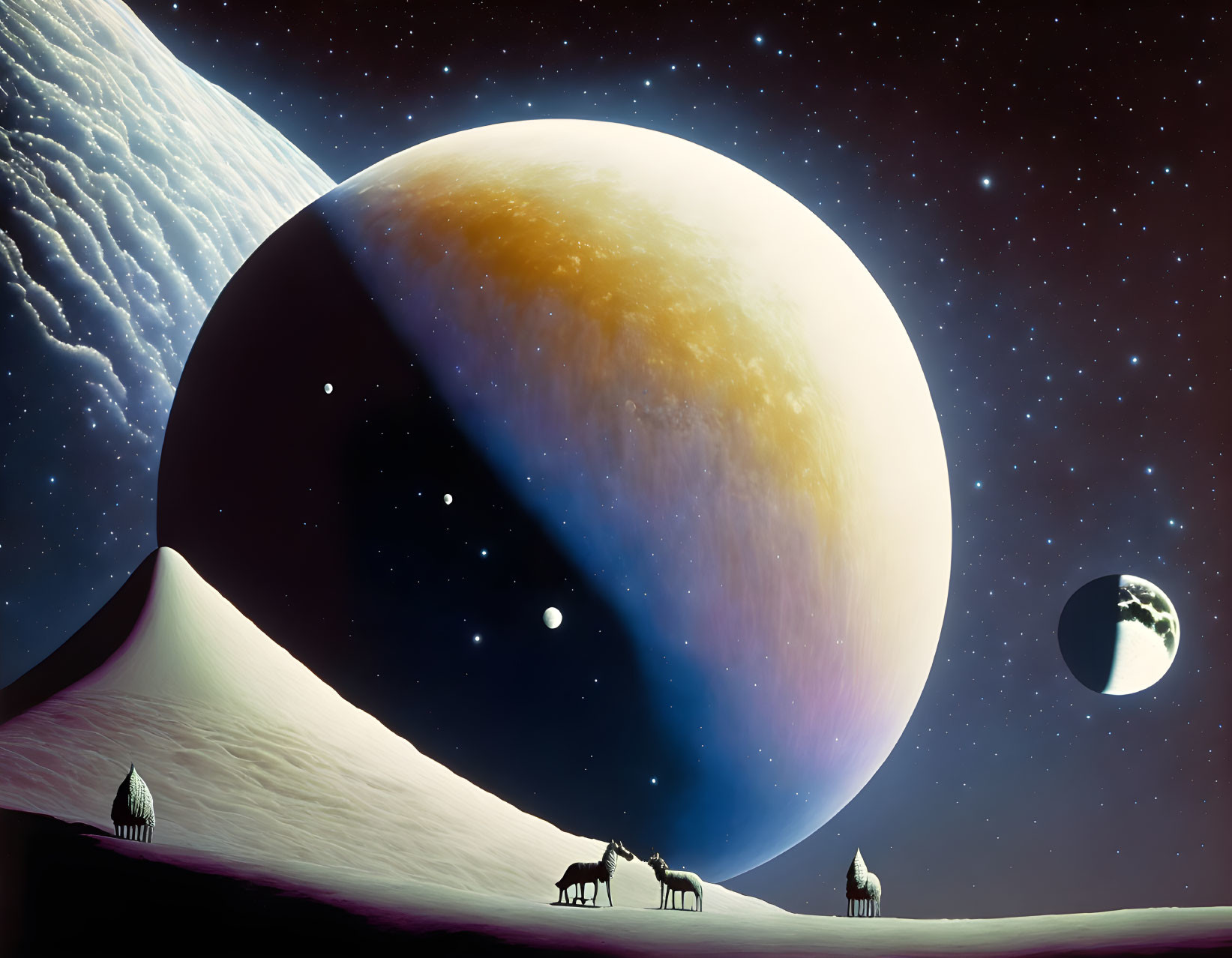 Travelers in futuristic scene on snowy extraterrestrial landscape with giant ringed planet, stars, and