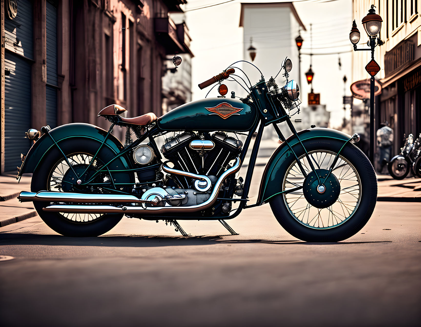 Classic teal and chrome vintage motorcycle in urban setting with quaint lamp posts.