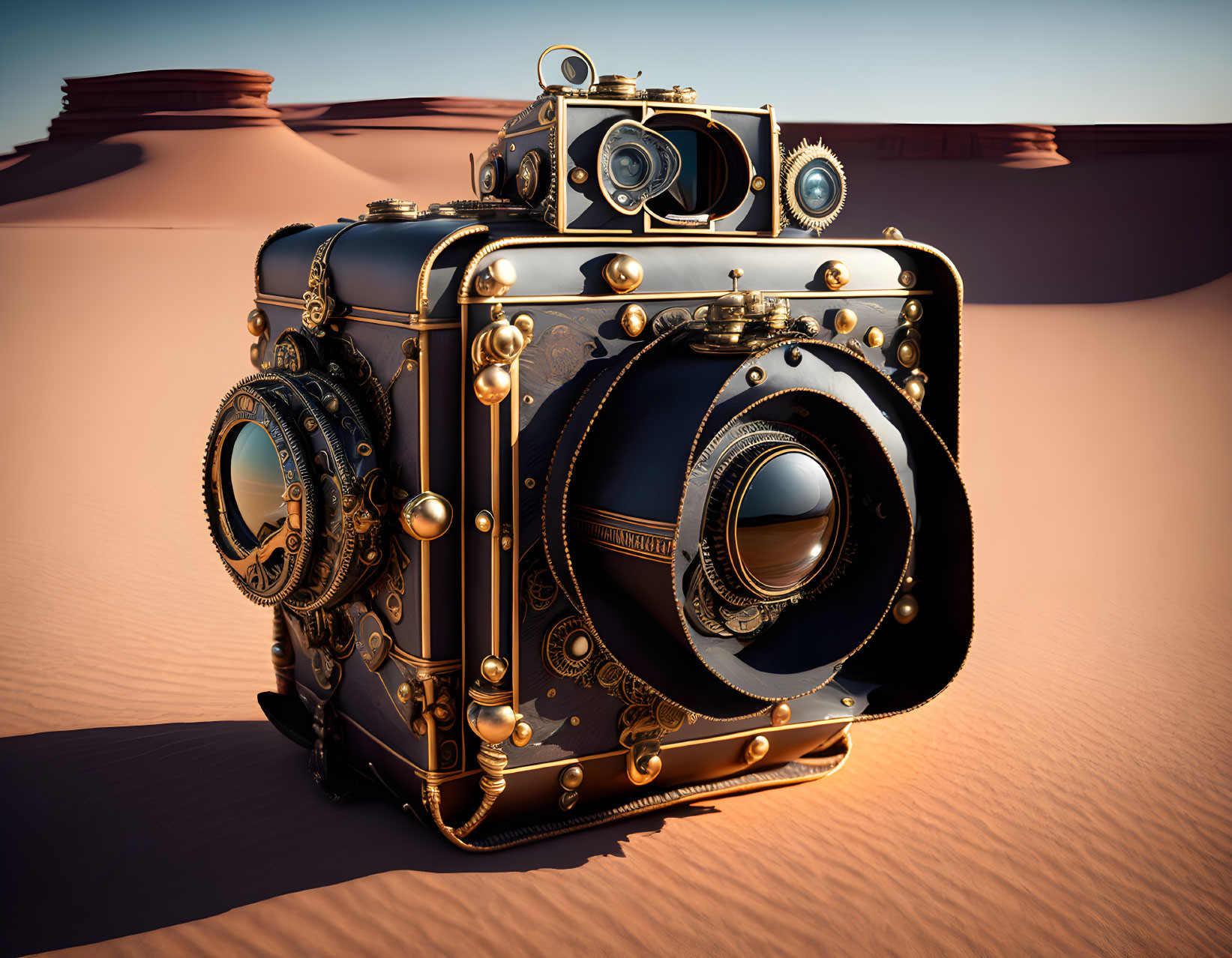 Detailed Steampunk-Style Camera in Desert Landscape