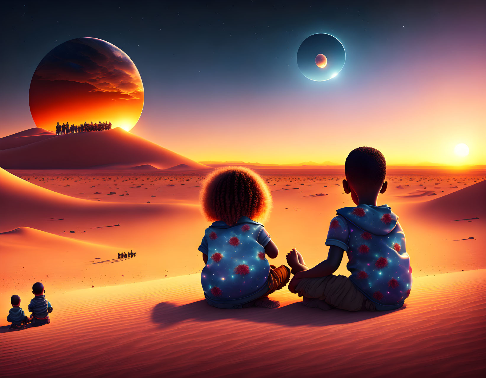 Children gazing at surreal sky with moon, planet, and sun.