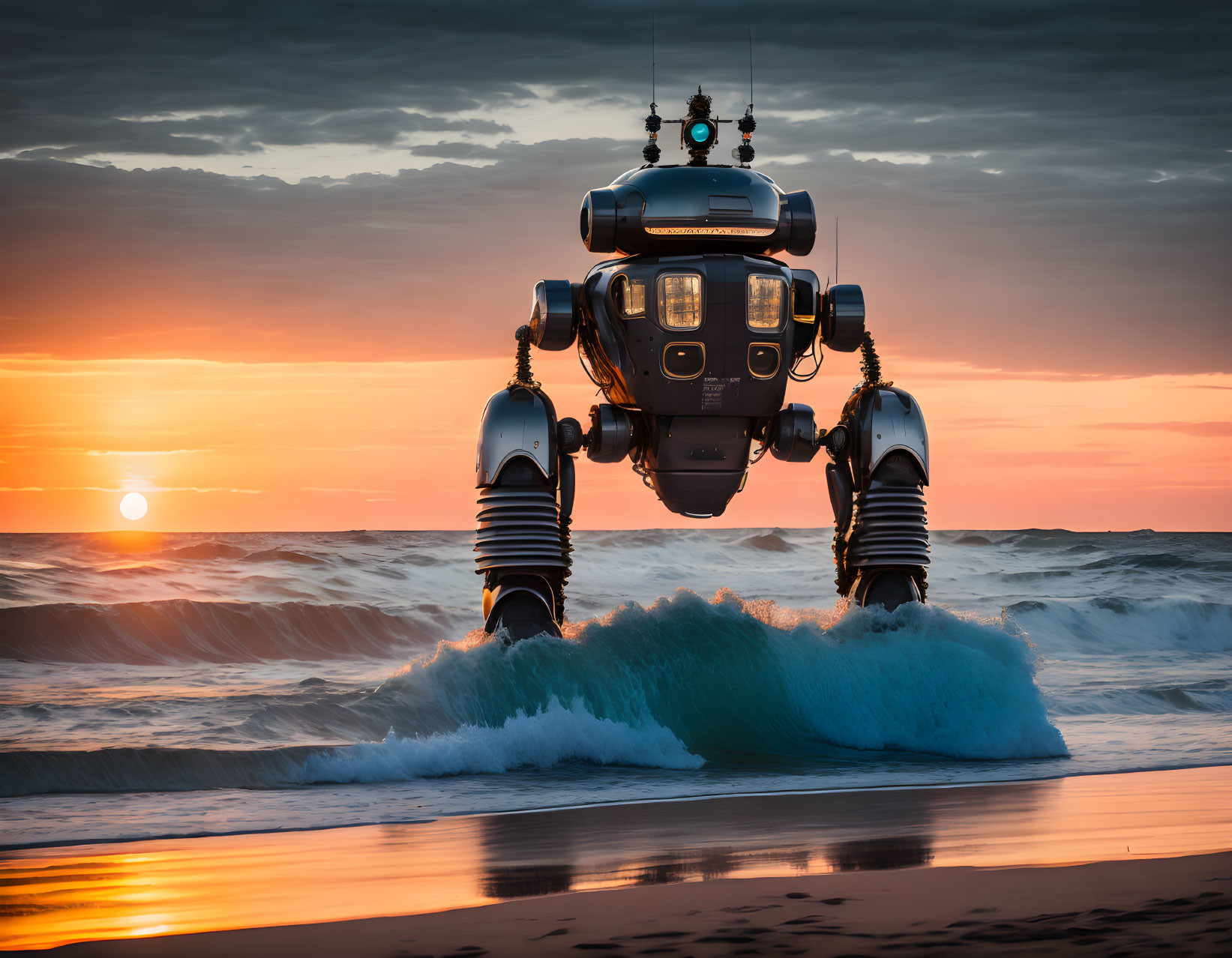 Robot with large legs on beach at sunset