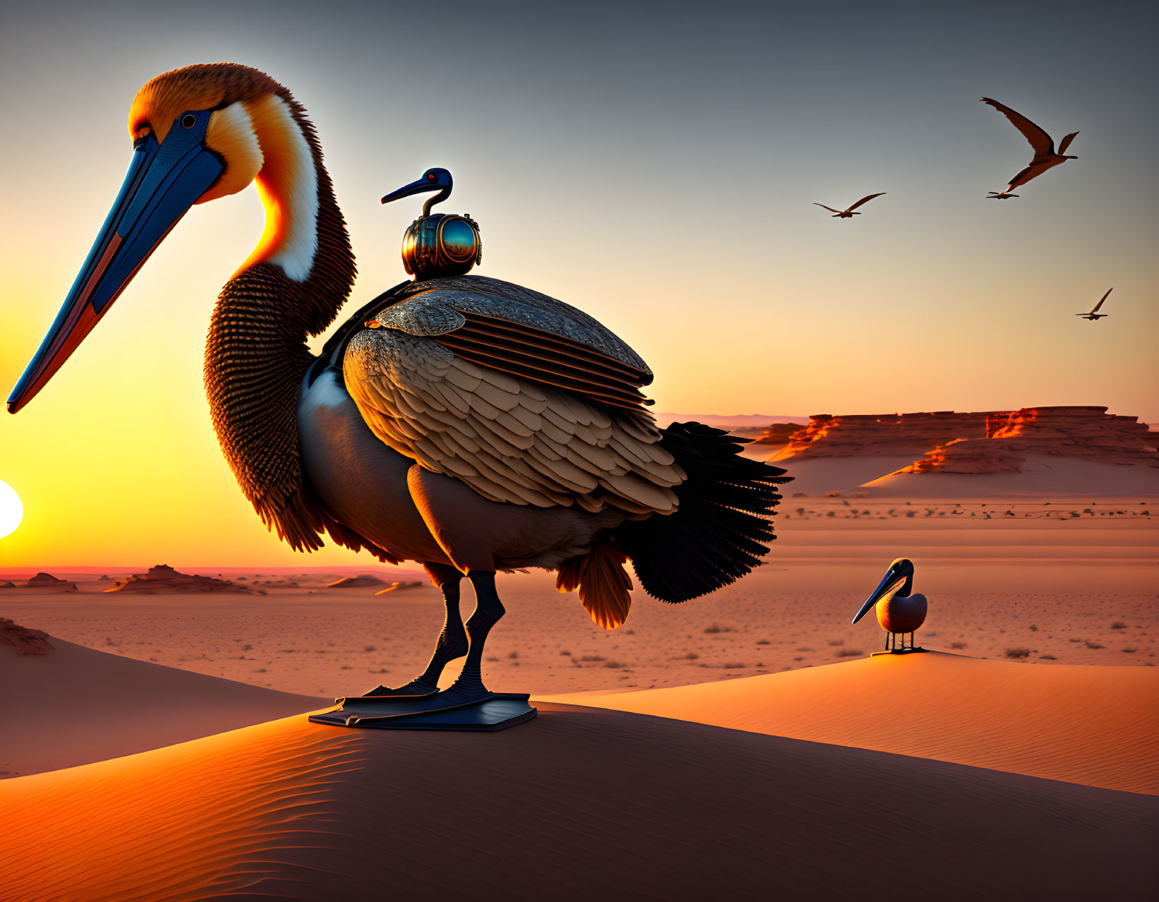 Pelican with headphones on sand dune at sunset