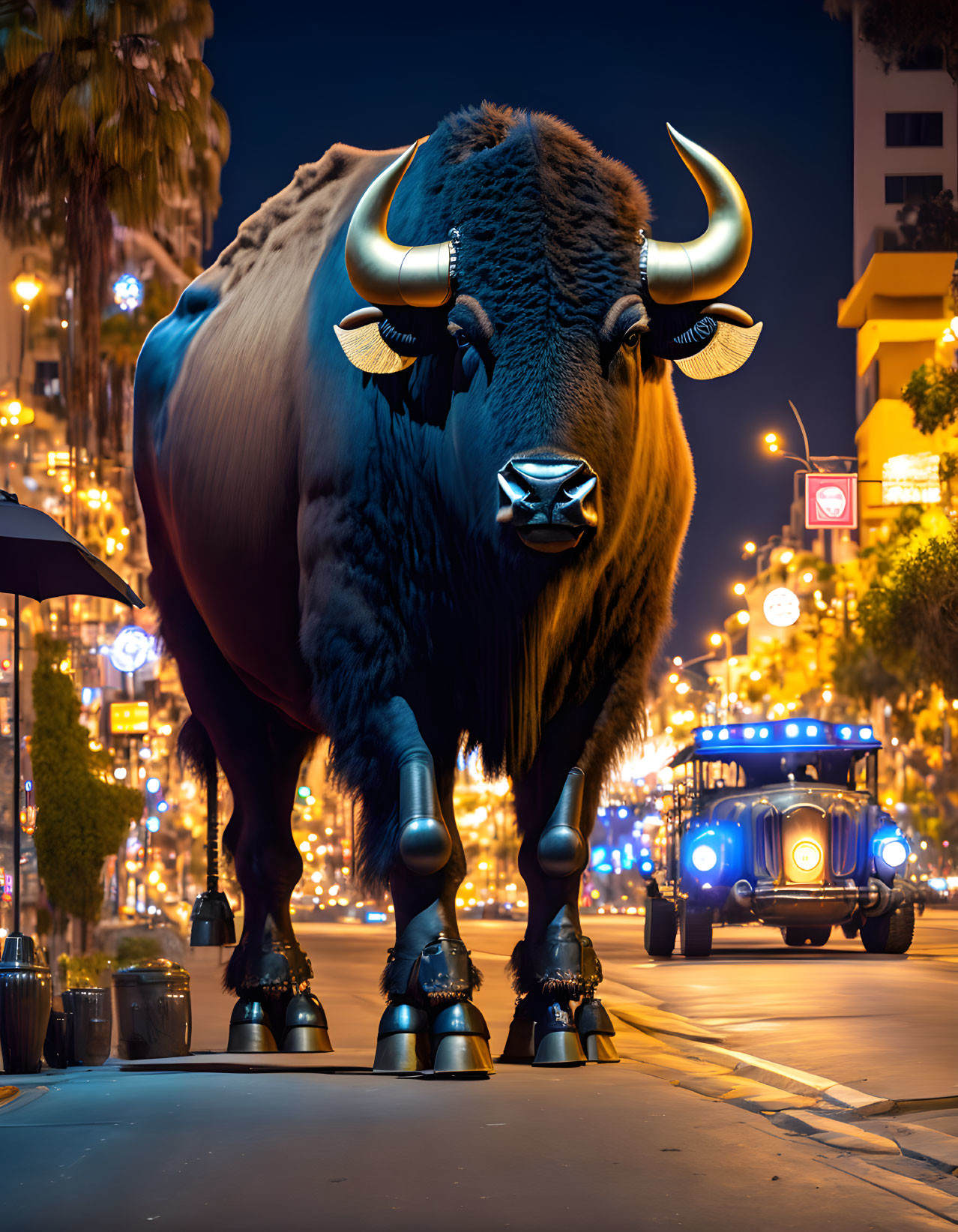 Metallic-horned bison and vintage car on city street at night