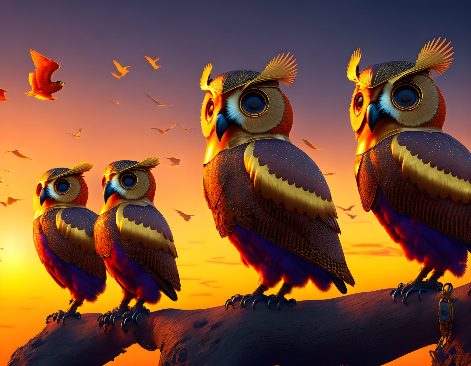 Stylized digital owls on branch against sunset sky