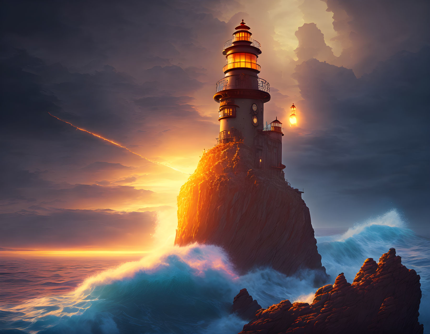 Majestic lighthouse on rocky cliff at sunset with crashing waves