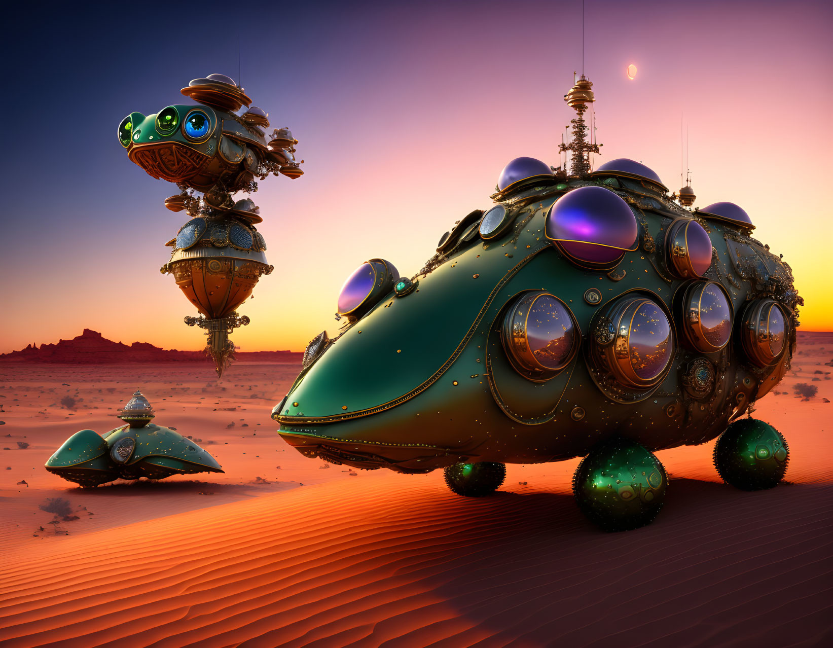 Futuristic desert scene with ornate green submarine vehicle and flying robots at dusk