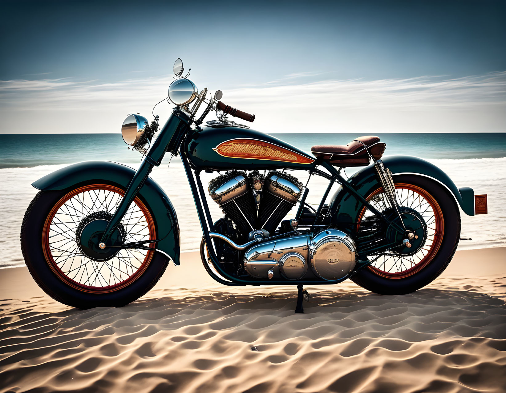 Classic Motorcycle Resting on Sandy Beach with Clear Skies