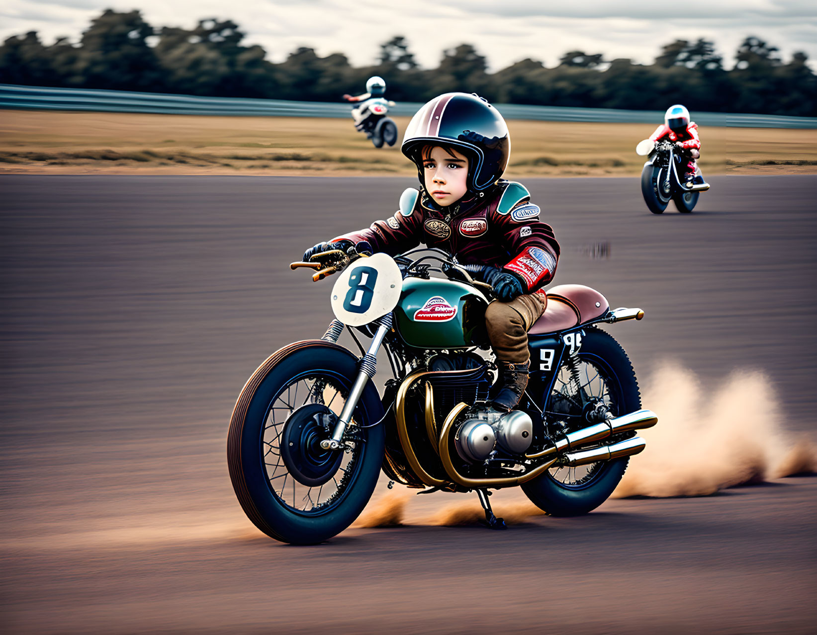 Child in vintage racing gear on mini classic motorcycle at track.