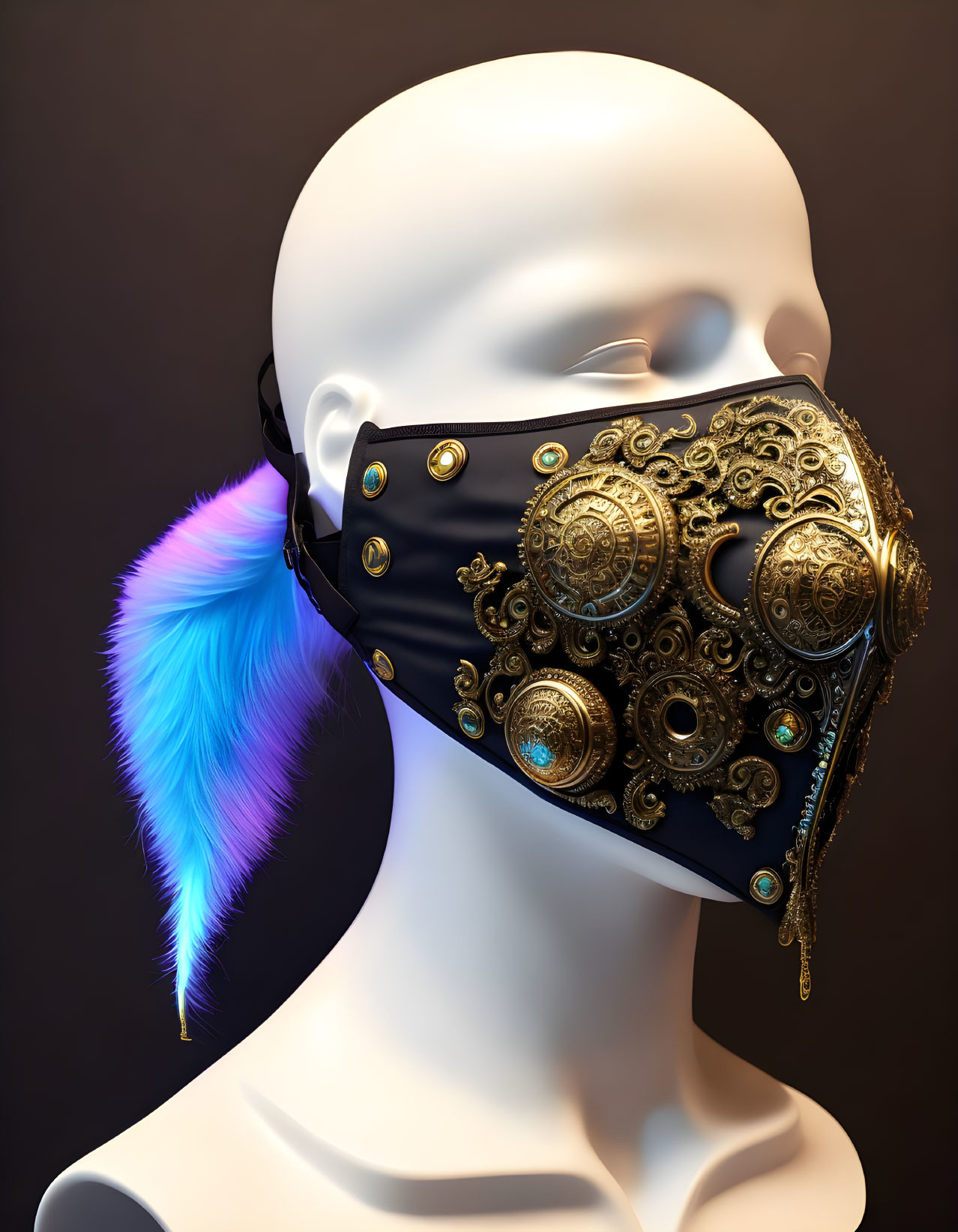 Mannequin head with black and gold mask and feather detail