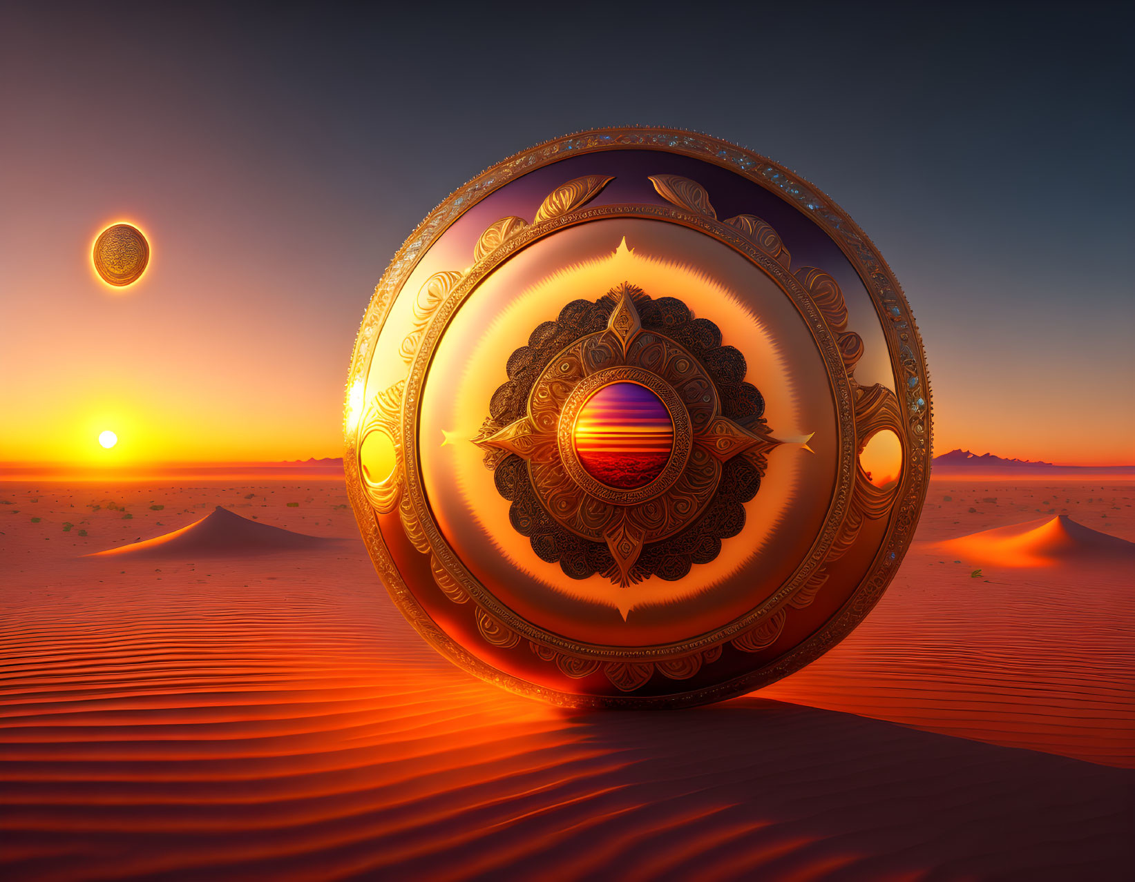 Intricate golden sphere in desert at sunset with smaller orb in sky