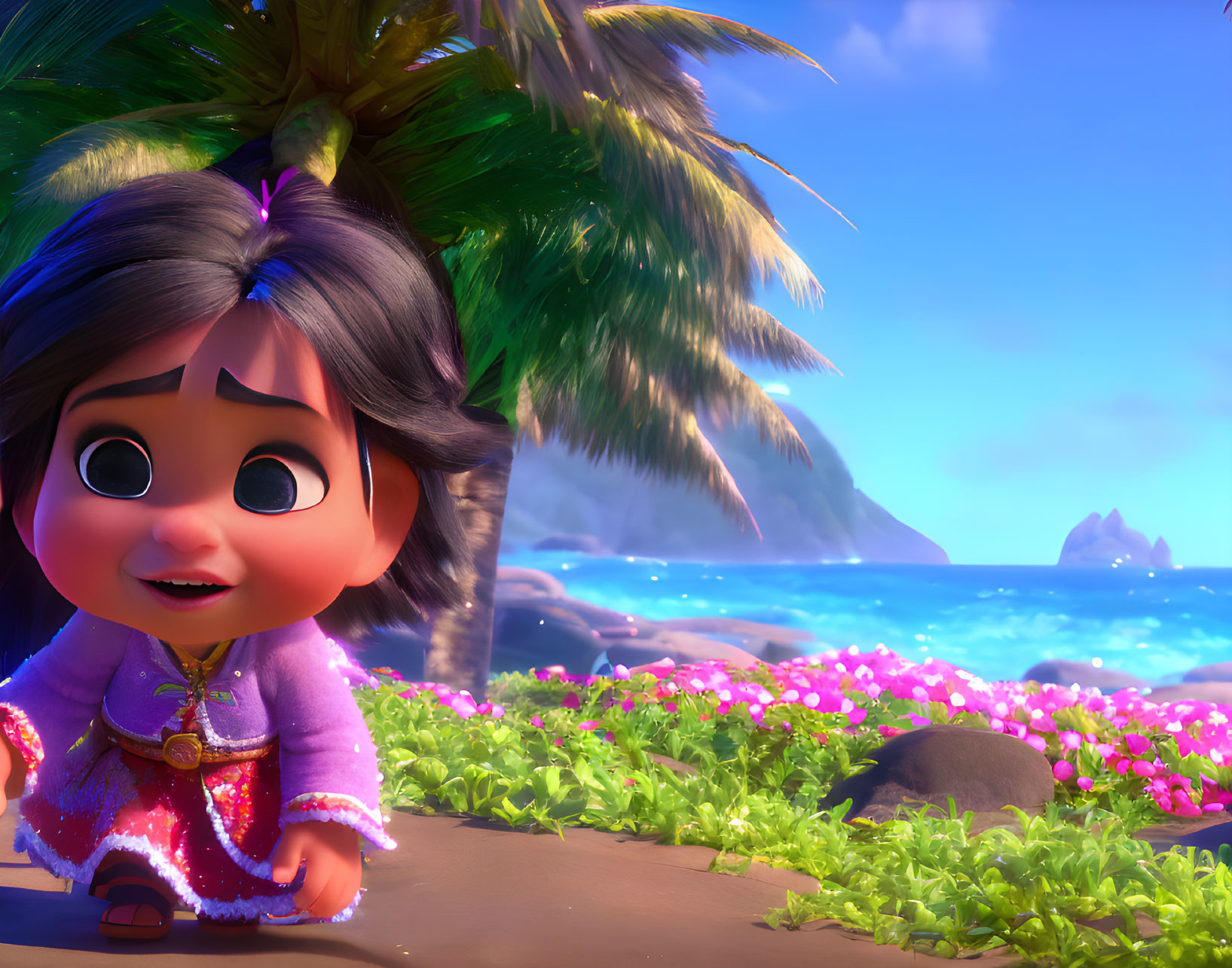 Young animated girl on tropical beach with vibrant flowers and blue skies