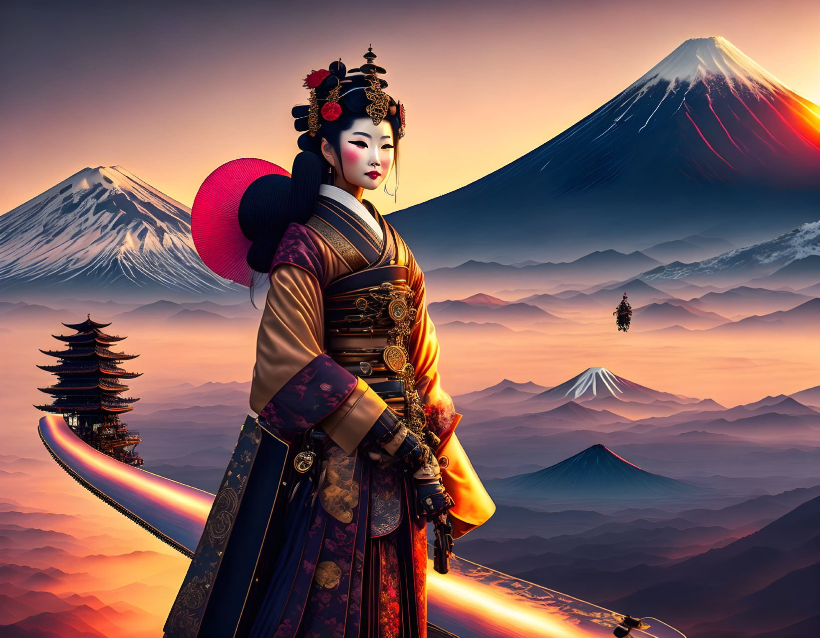 Traditional Japanese woman in kimono with Mount Fuji and pagoda in serene sunset landscape