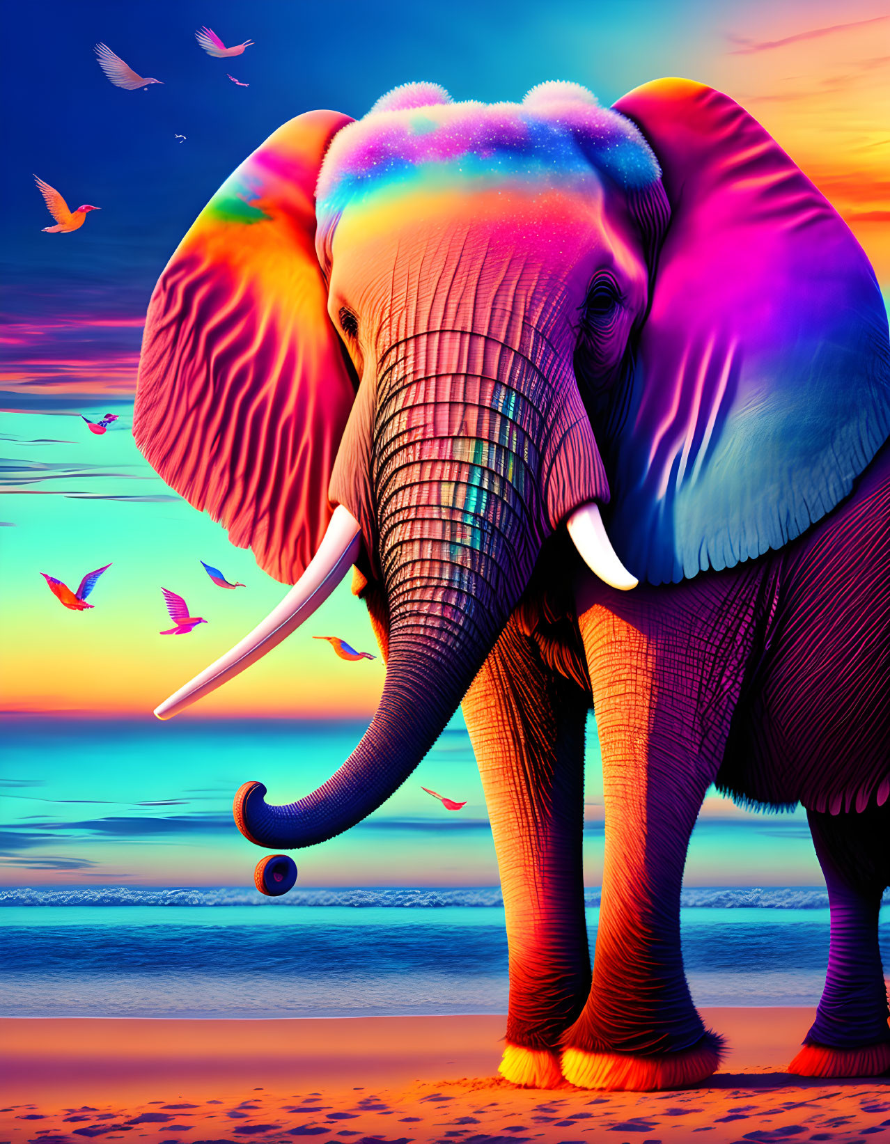 Colorful Neon Elephant on Beach at Sunset with Flying Birds