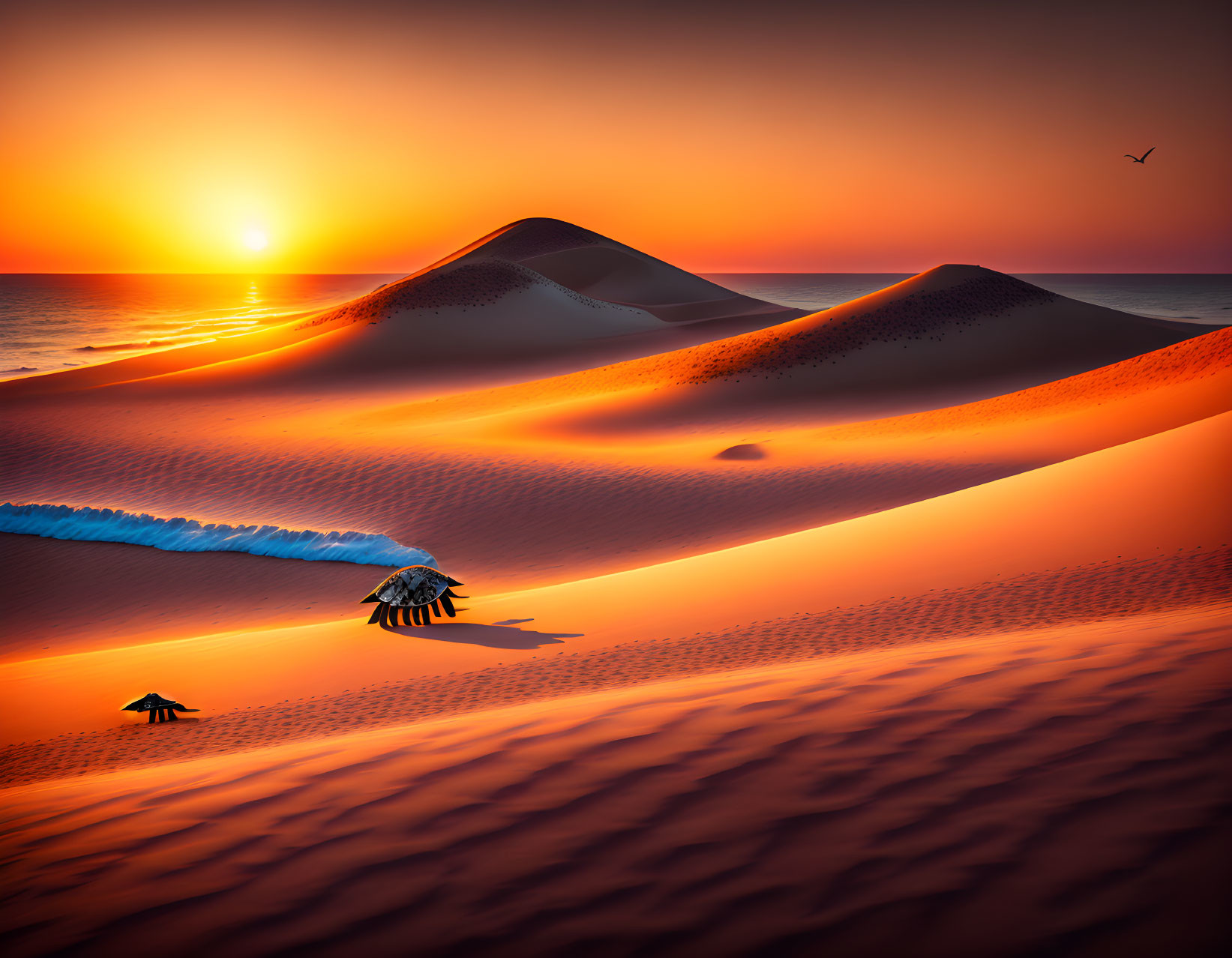 Vibrant desert dunes at sunset with blue wave and scattered umbrellas