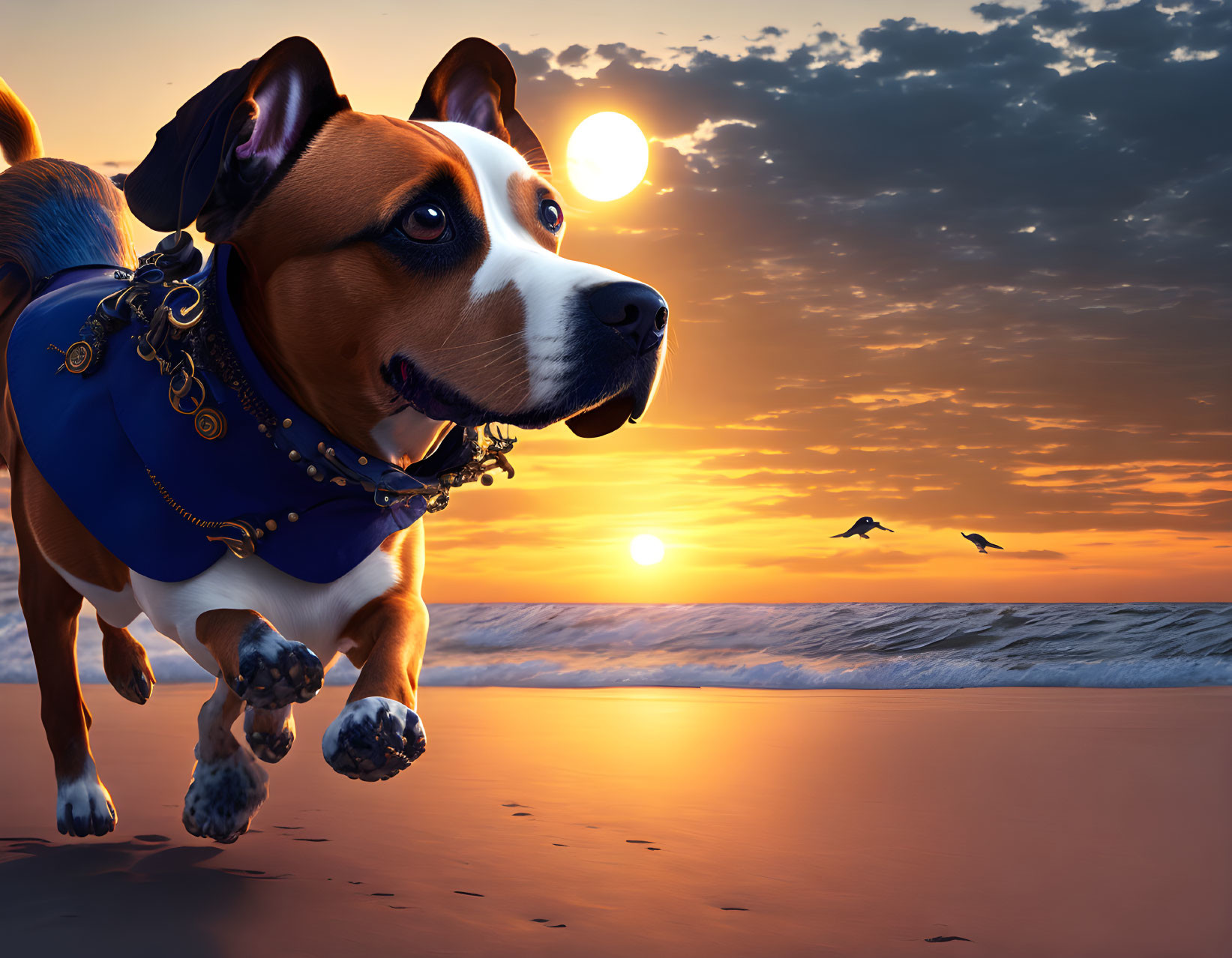 Digital artwork: Dog in blue harness on beach at sunset