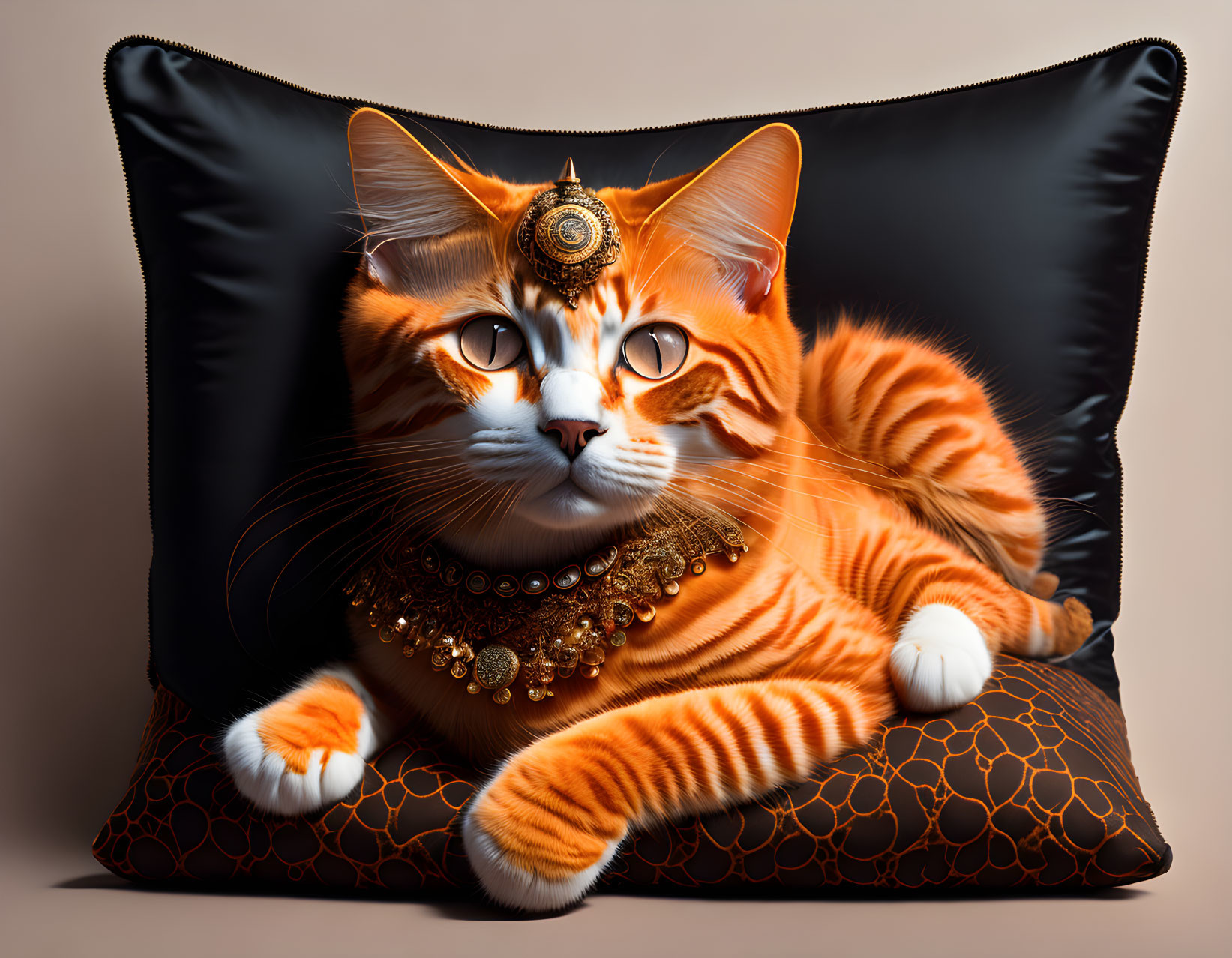 Orange Tabby Cat with Lavish Golden Headdress and Necklace