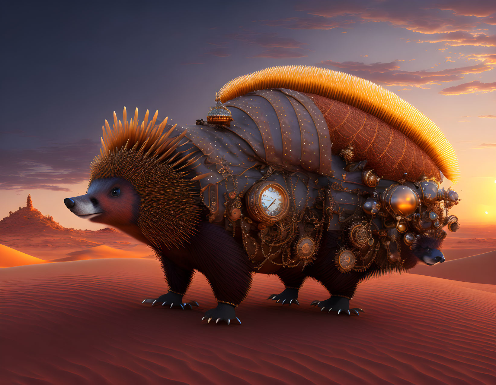 Steampunk mechanical hedgehog with clock in desert sunset