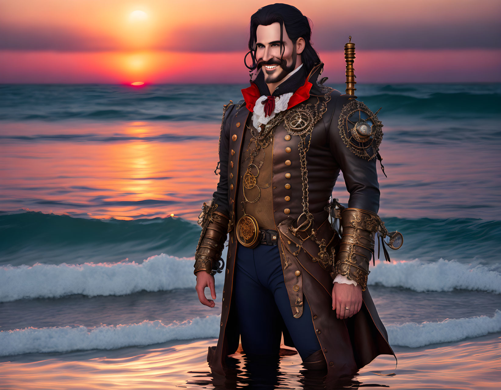 Stylized man in ornate pirate outfit on beach at sunset