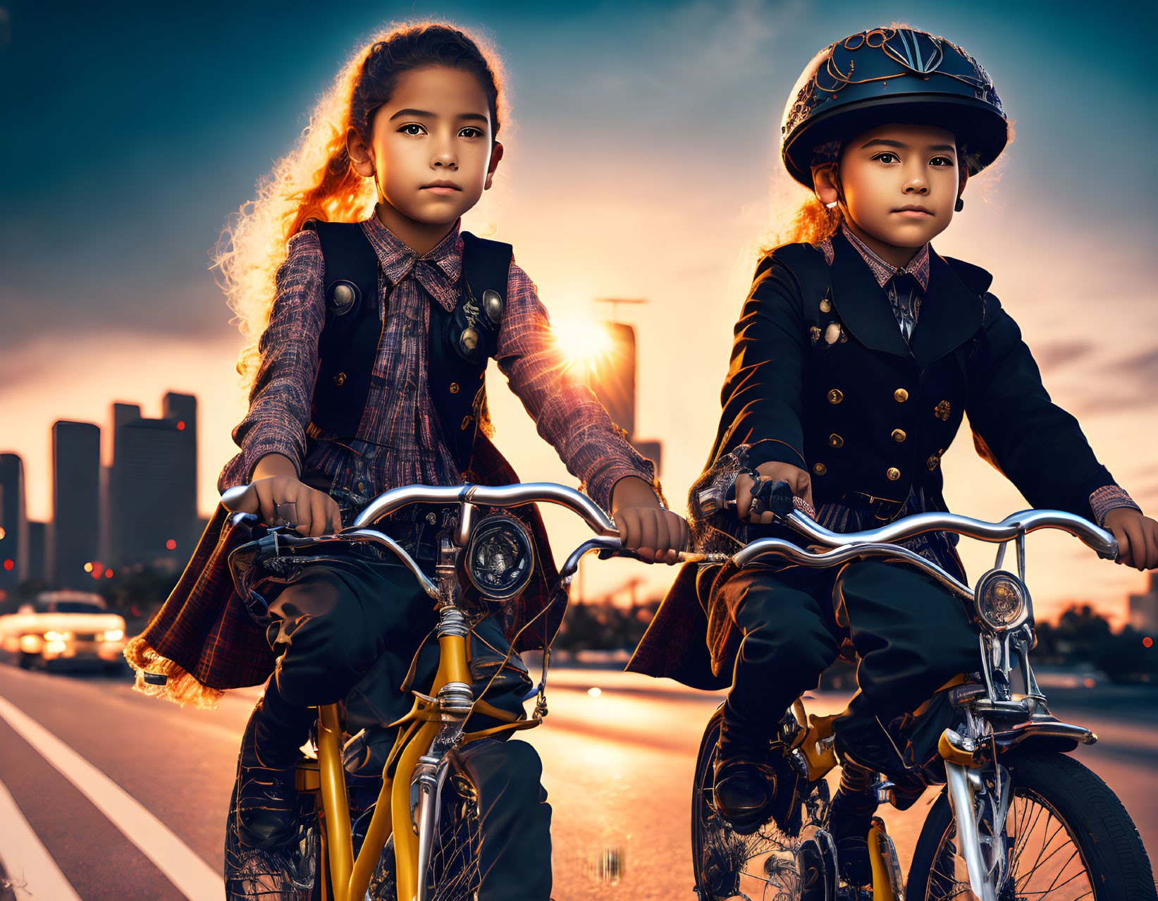 Children in vintage attire on yellow bicycle at city sunset.