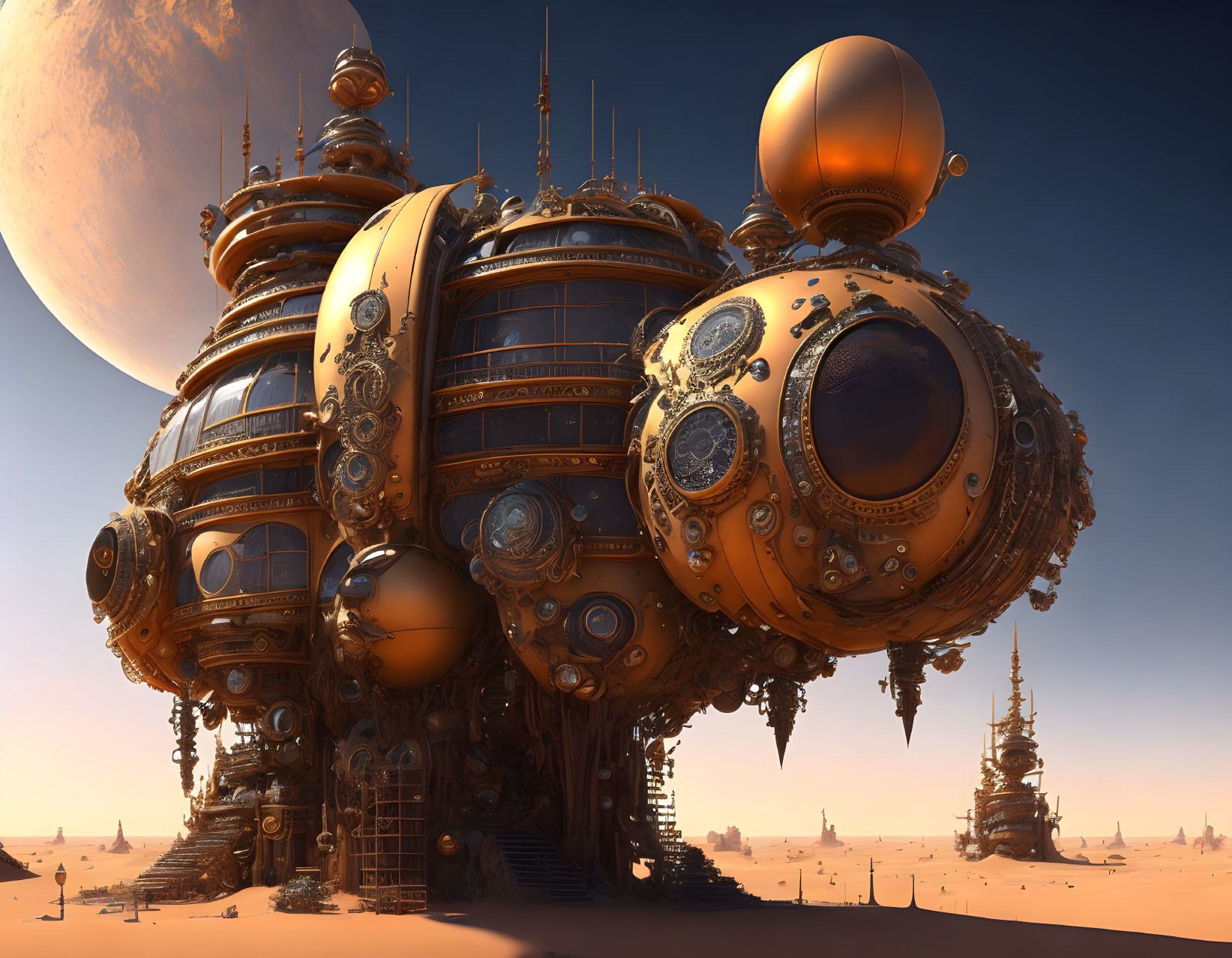 Futuristic steampunk city with spherical buildings in desert landscape