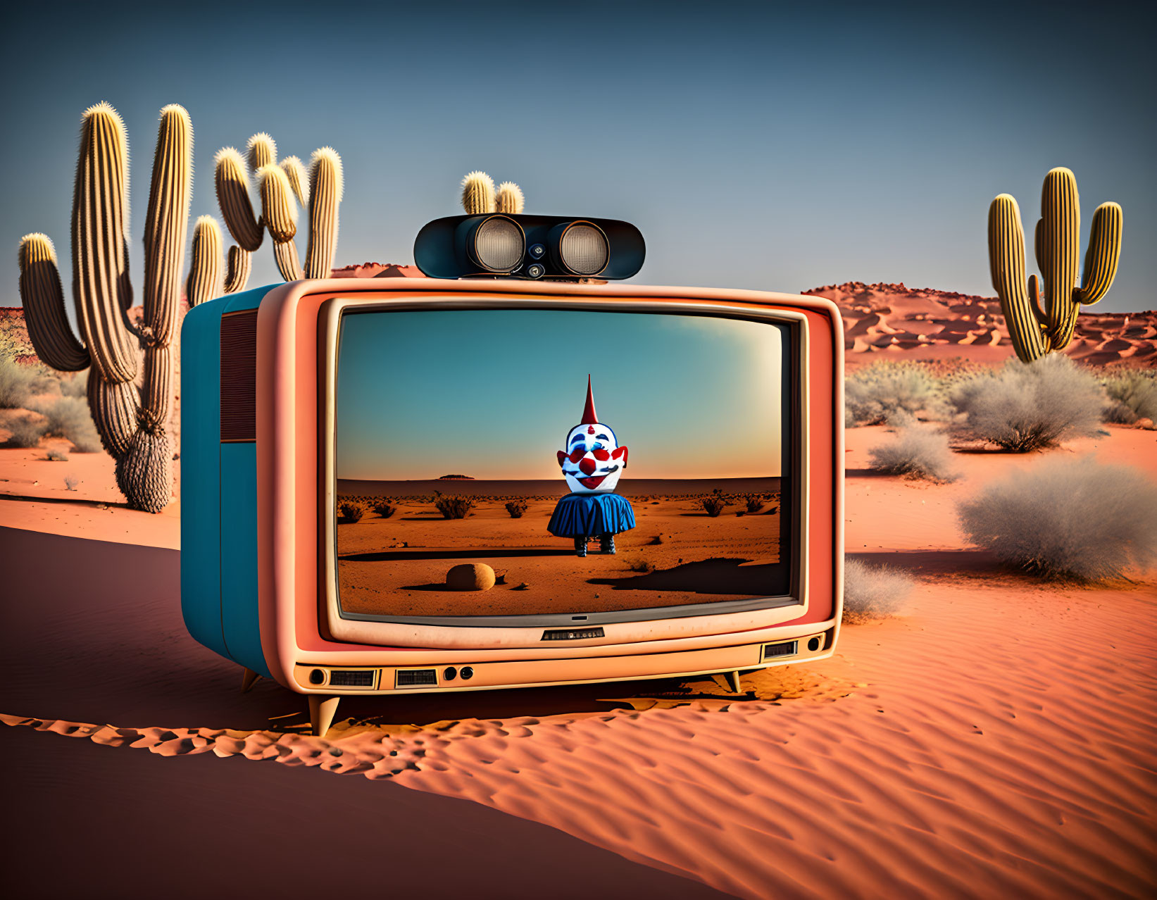 Vintage TV with colorful clown and webcam in desert setting