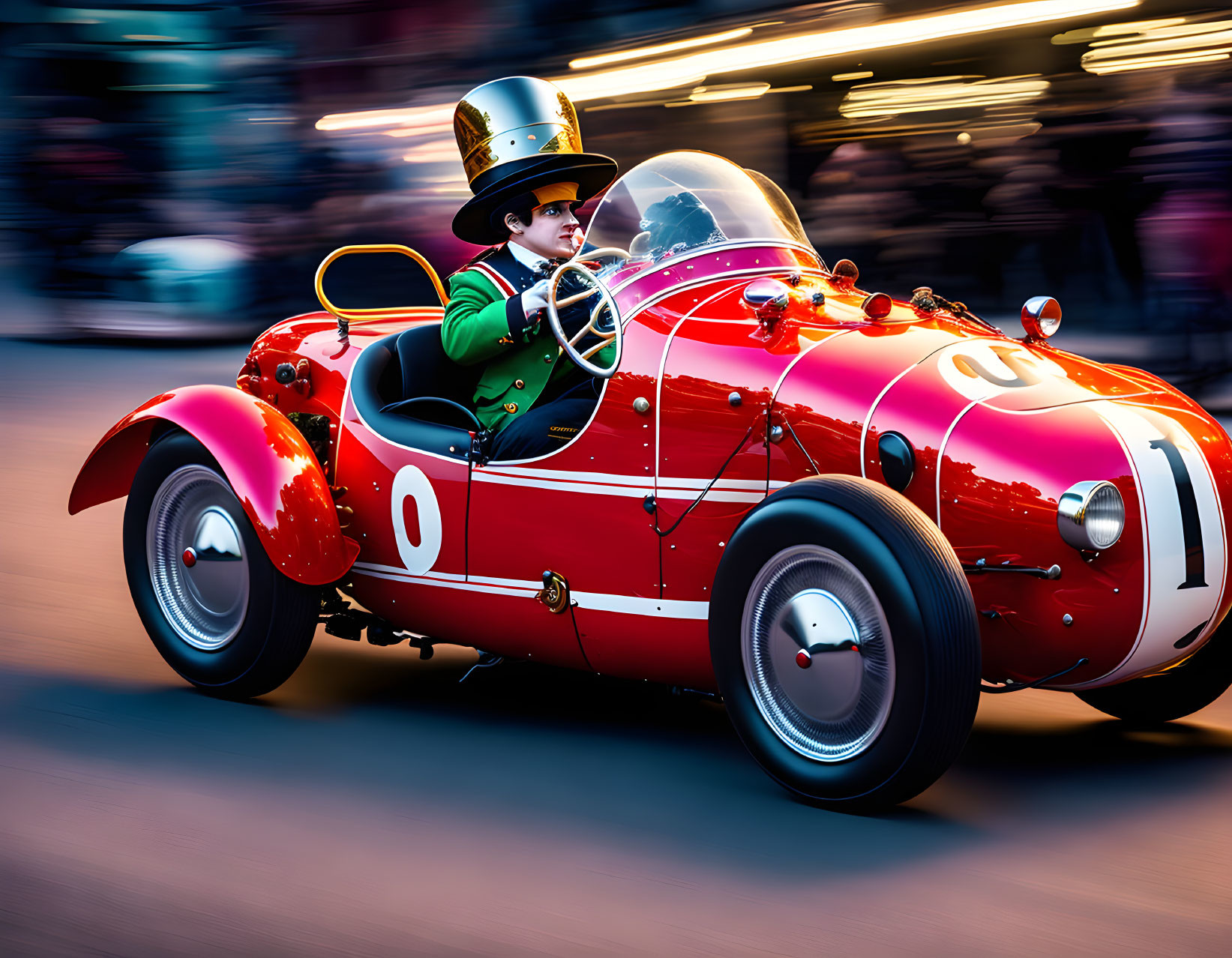 Green Hat Character Drives Red Vintage Racing Car with Number "0