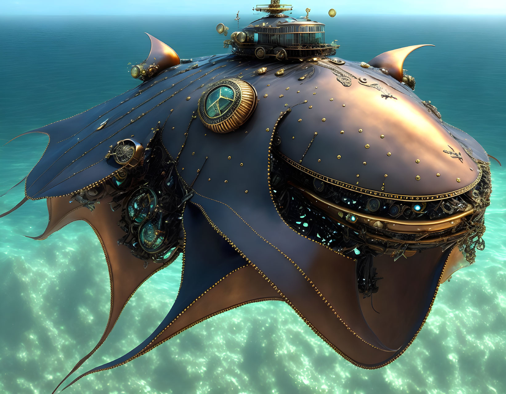 Steampunk-inspired fantasy airship shaped like a manta ray above tranquil sea