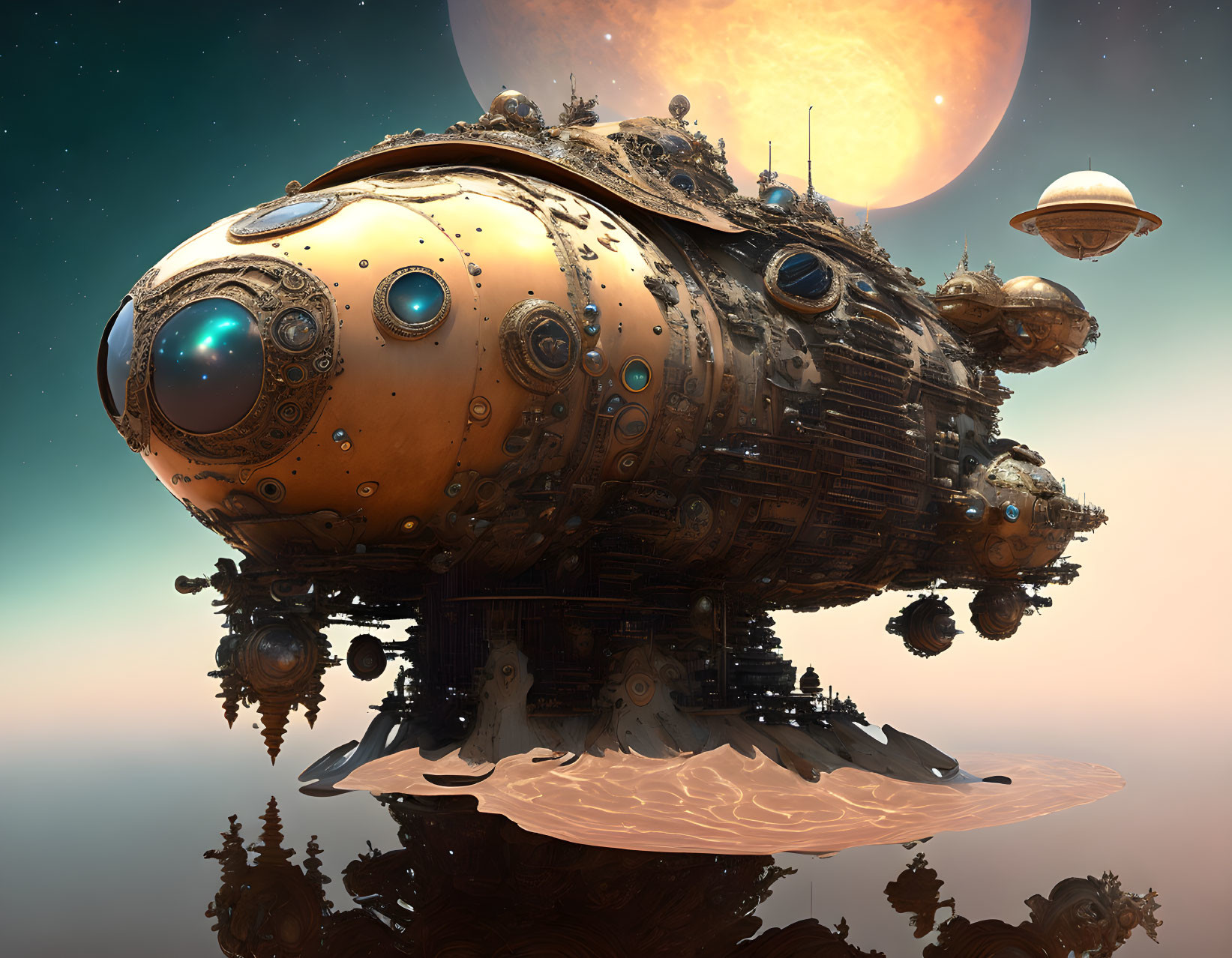 Detailed steampunk spaceship hovering over planet with moon and second ship