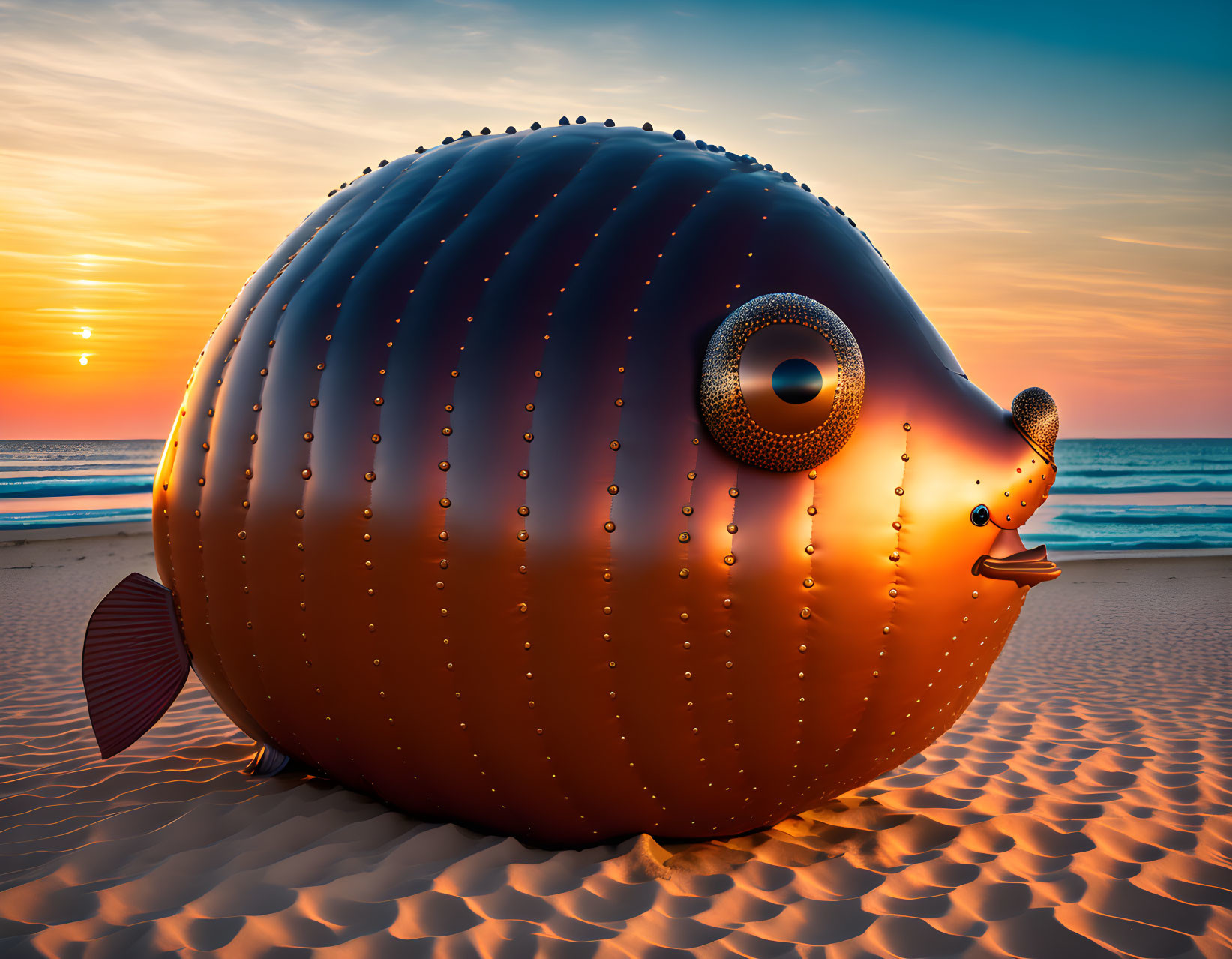 Oversized fish sculpture on sandy beach at sunset