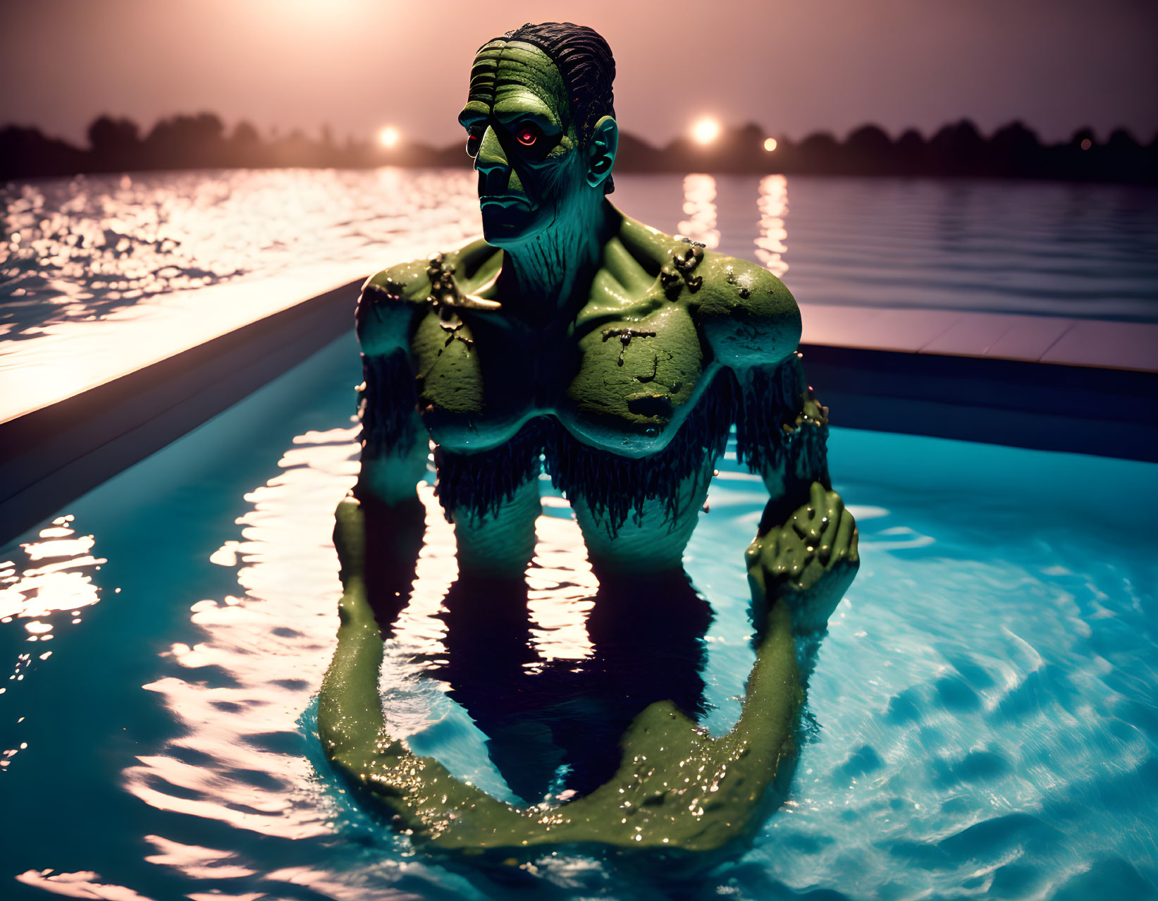 Green-skinned monster emerges from pool at sunset