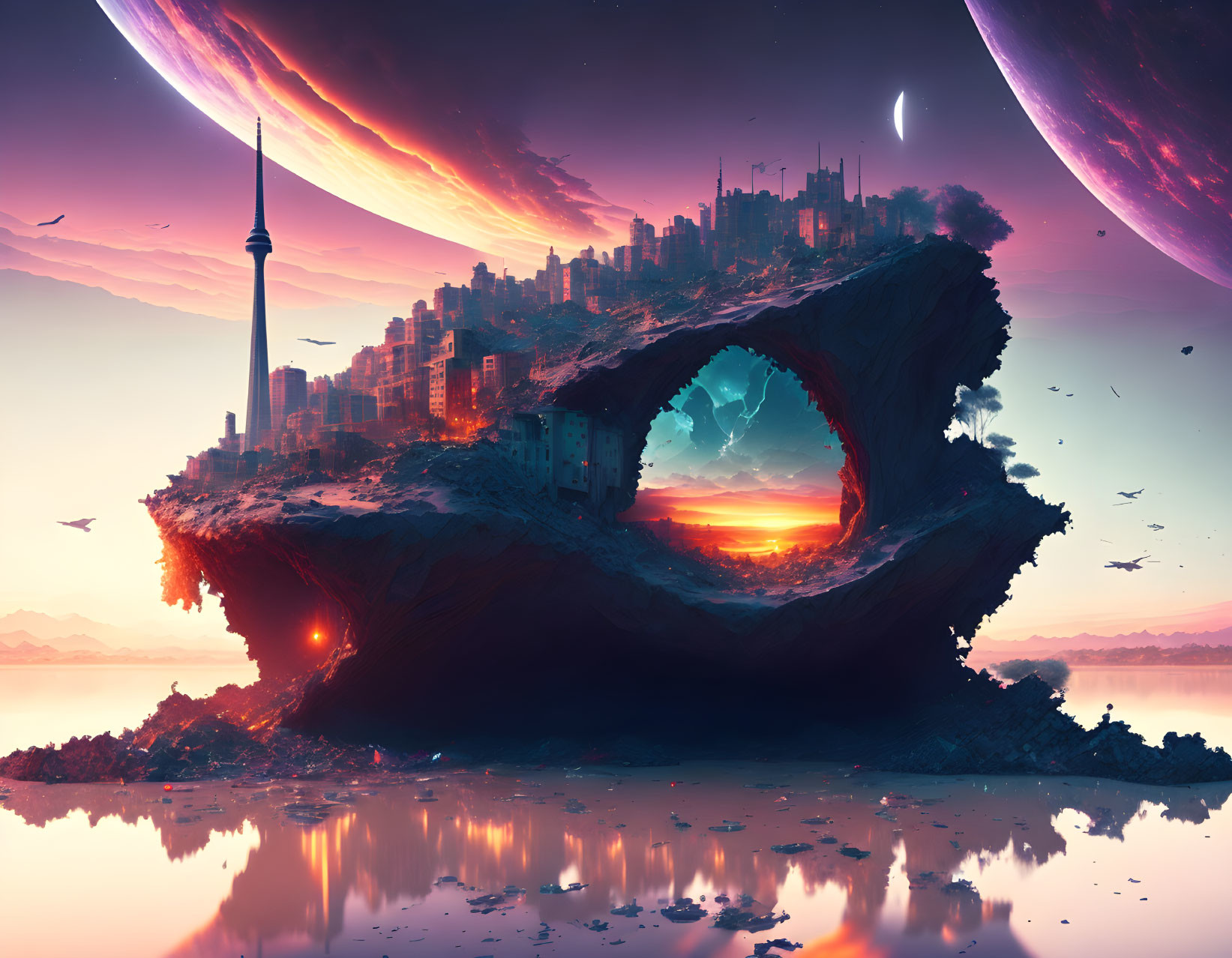 Futuristic floating city with hollow section over colorful sky