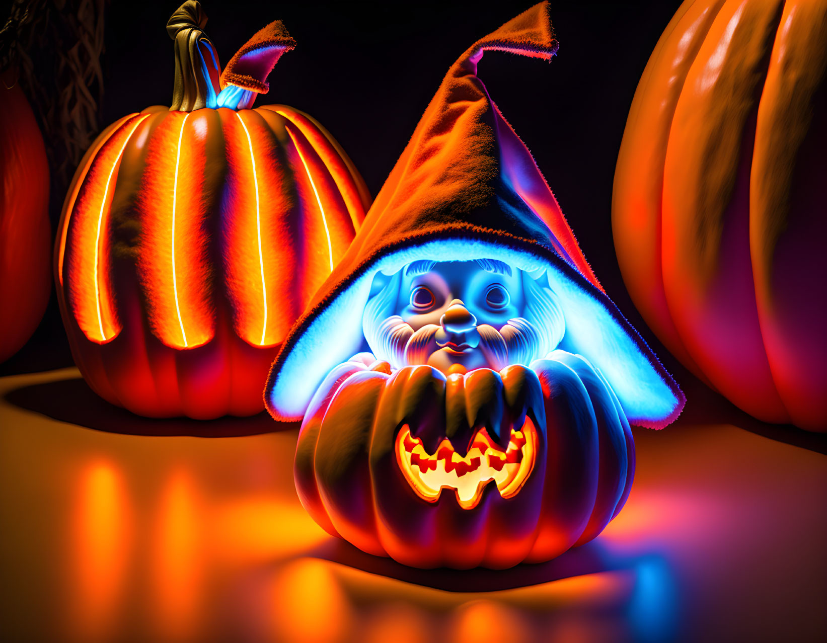 Glowing Halloween pumpkins with witch hat and carved faces in dark setting