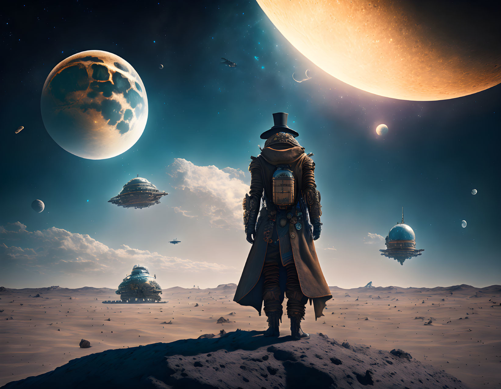 Figure in cloak and hat on desert planet with multiple moons, giant planet, stars, and floating cities