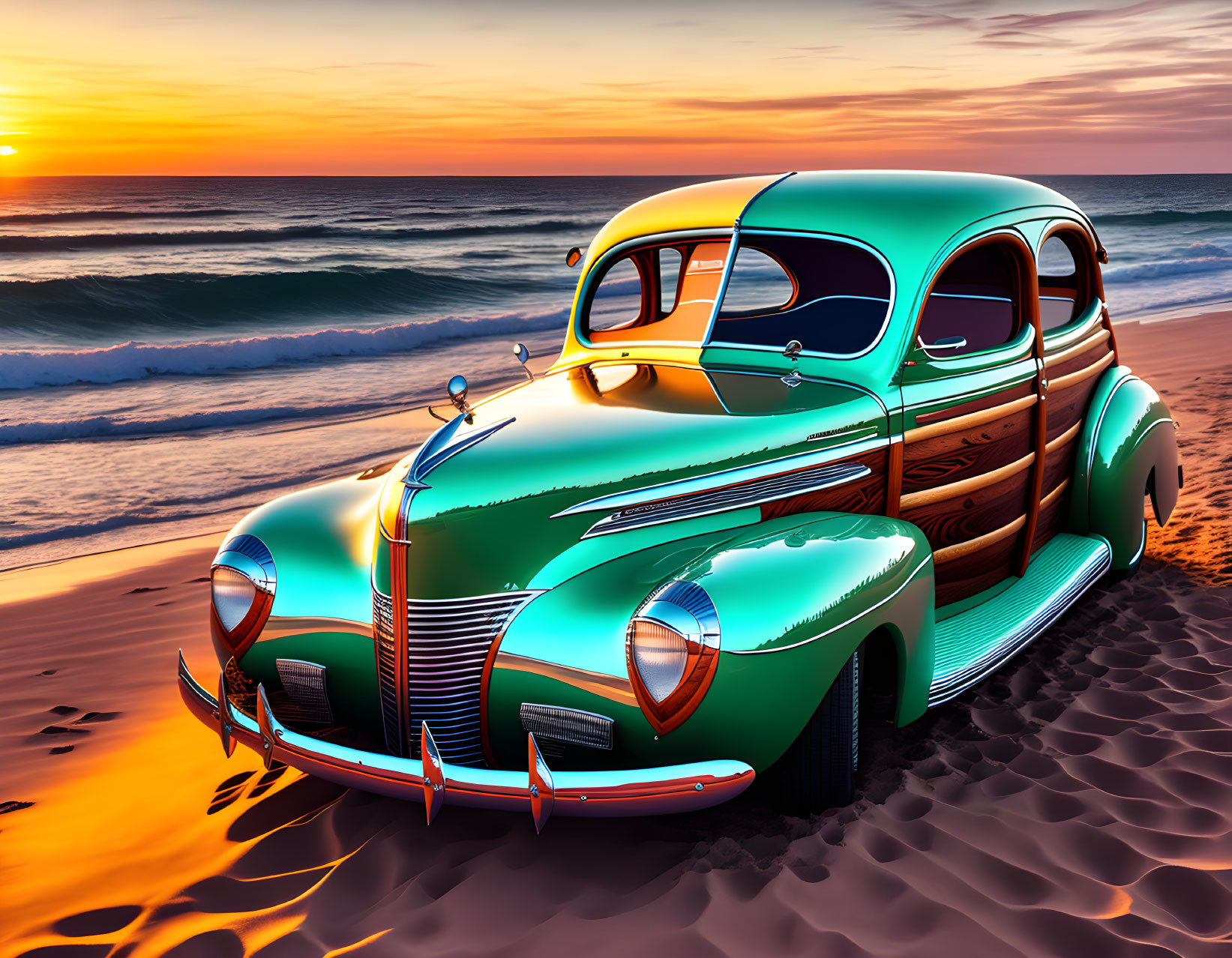 Classic Green Car with Wood Paneling on Beach at Sunset