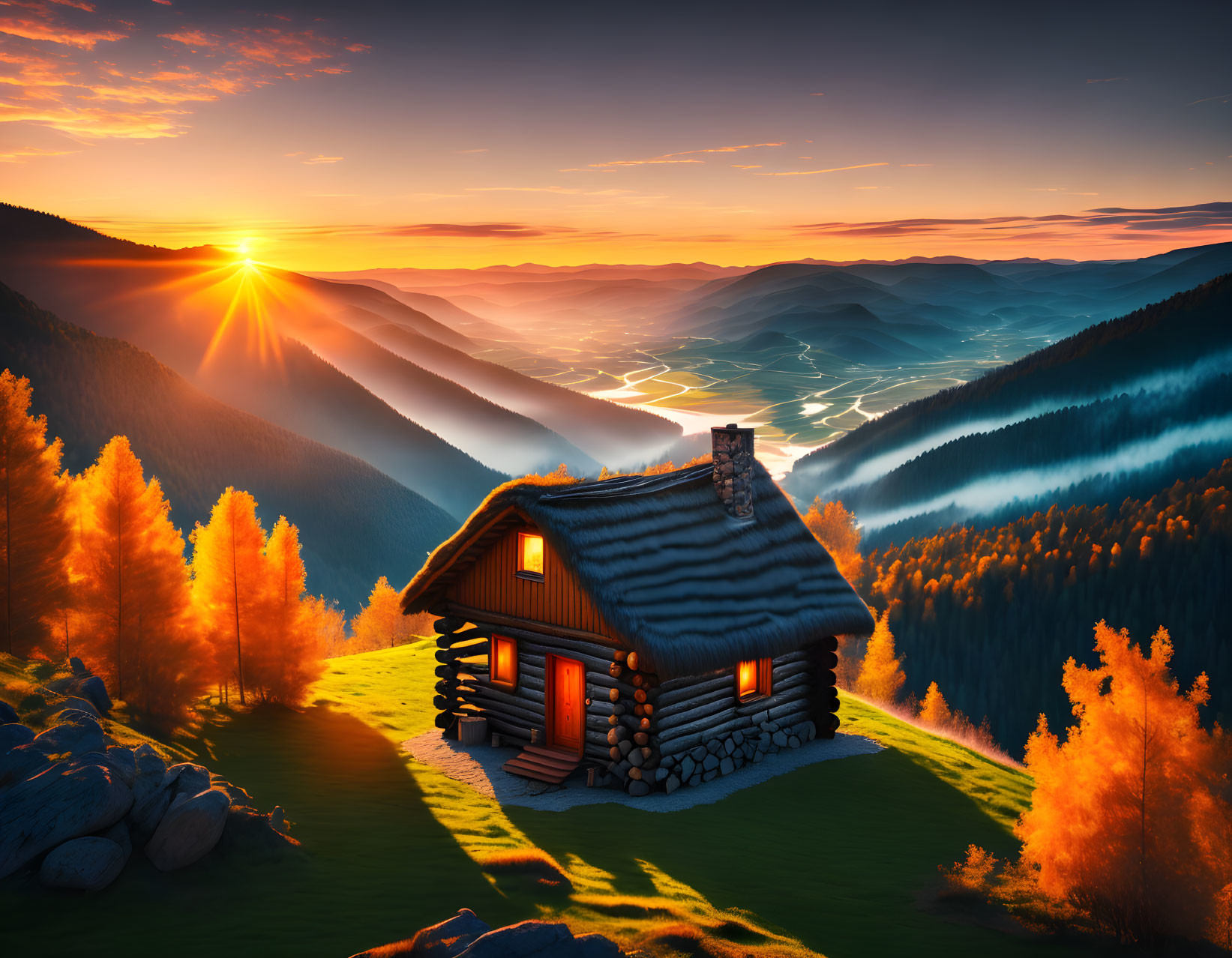 Scenic sunset over mountain valley with cozy cabin, autumn trees, misty river