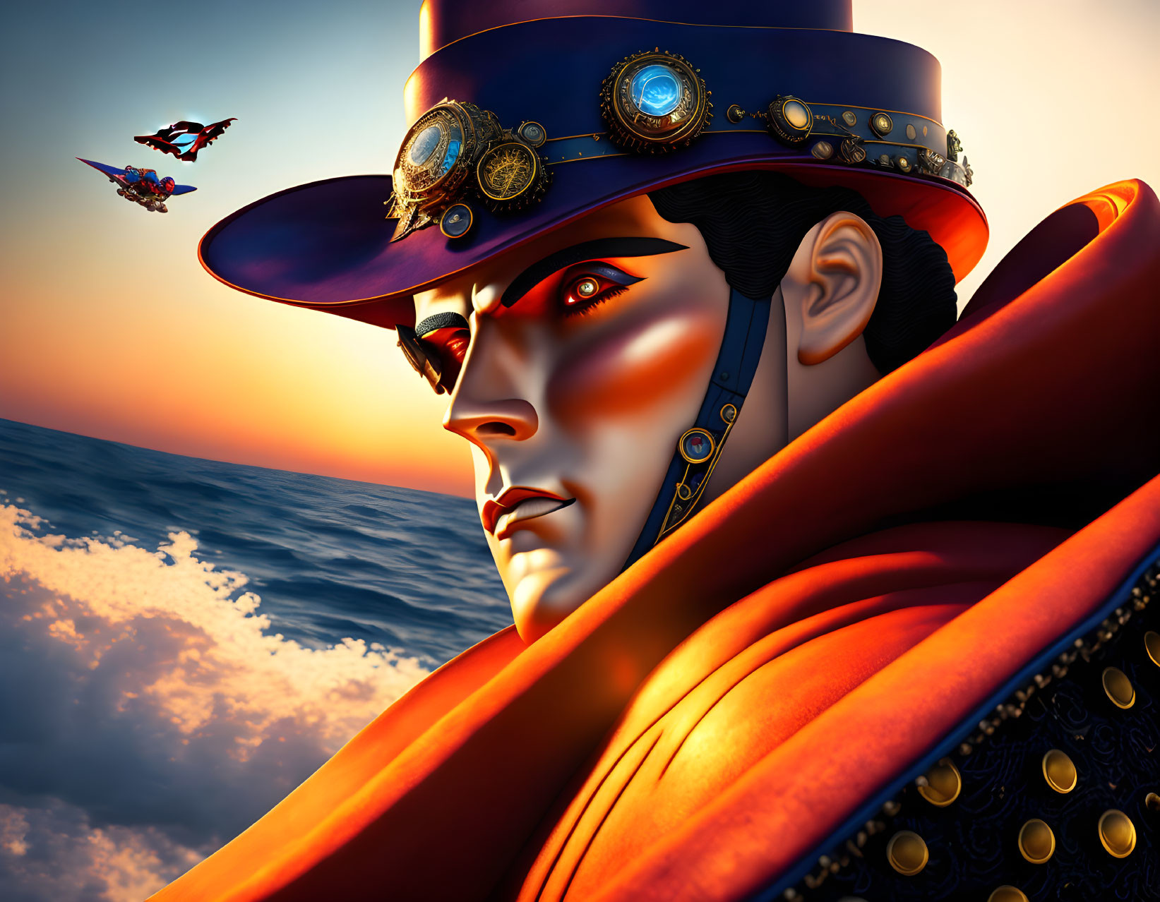 Steampunk-themed person gazing at sunset over ocean with flying machine