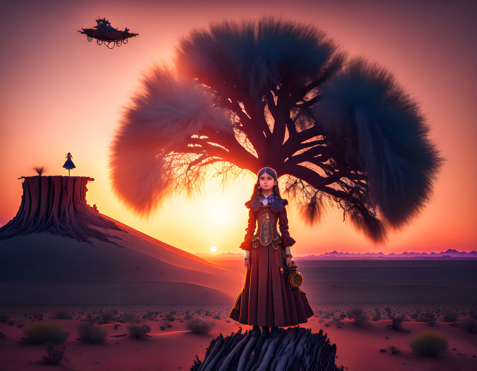 Victorian girl in dress under whimsical tree at desert sunset.