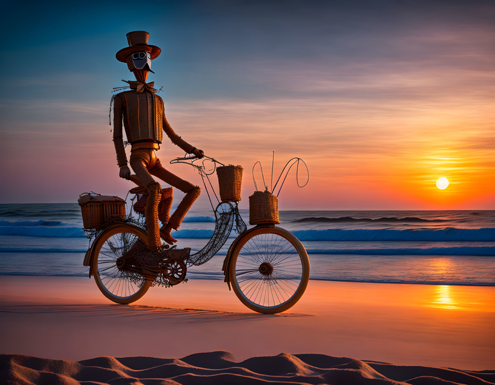 Whimsical metal sculpture: Figure on bicycle, beach sunset